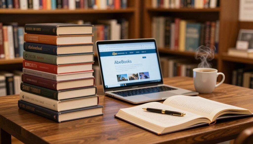 A neatly arranged stack of diverse, colorful books on a polished wooden table in a warm, inviting bookstore setting. The foreground features a couple of open books with handwritten notes and a vintage brass pen. In the middle, a laptop displays the AbeBooks website, illuminated by soft ambient lighting. A steaming mug of coffee sits beside the laptop, adding a cozy touch. In the background, shelves filled with various genres of books create a scholarly ambiance. The lighting is warm with gentle highlights, casting soft shadows for depth. The atmosphere is calm and focused, ideal for online shopping and managing orders. No people are present, ensuring a clean and unobstructed view of the books and workspace. A neatly arranged stack of diverse, colorful books on a polished wooden table in a warm, inviting bookstore setting. The foreground features a couple of open books with handwritten notes and a vintage brass pen. In the middle, a laptop displays the AbeBooks website, illuminated by soft ambient lighting. A steaming mug of coffee sits beside the laptop, adding a cozy touch. In the background, shelves filled with various genres of books create a scholarly ambiance. The lighting is warm with gentle highlights, casting soft shadows for depth. The atmosphere is calm and focused, ideal for online shopping and managing orders. No people are present, ensuring a clean and unobstructed view of the books and workspace.