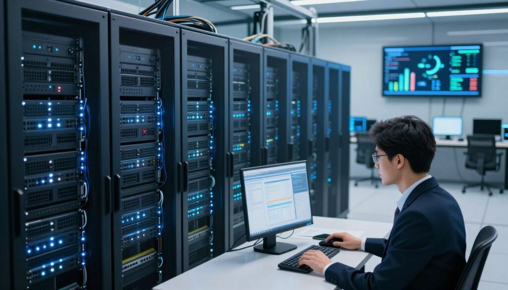 A professional data center environment featuring an array of servers efficiently running with bright LED indicators, symbolizing high reliability and a 99.99% uptime guarantee. In the foreground, a focused technician monitors server performance on a computer screen, dressed in smart business attire. The middle ground showcases rows of sleek, modern servers, with cables neatly organized, emphasizing order and reliability. The background reveals a softly lit control room with digital displays showing performance metrics and uptime statistics. The lighting is bright but soft, creating a professional and trustworthy atmosphere. The angle offers a slight bird's-eye view, highlighting the advanced technology and efficiency of the setup, embodying the concept of "اعتمادية الاستضافة." A professional data center environment featuring an array of servers efficiently running with bright LED indicators, symbolizing high reliability and a 99.99% uptime guarantee. In the foreground, a focused technician monitors server performance on a computer screen, dressed in smart business attire. The middle ground showcases rows of sleek, modern servers, with cables neatly organized, emphasizing order and reliability. The background reveals a softly lit control room with digital displays showing performance metrics and uptime statistics. The lighting is bright but soft, creating a professional and trustworthy atmosphere. The angle offers a slight bird's-eye view, highlighting the advanced technology and efficiency of the setup, embodying the concept of "اعتمادية الاستضافة."