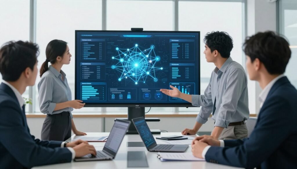 A professional, modern office environment focused on network and security evaluation. In the foreground, a diverse group of three professionals, two men and one woman, are engaged in a discussion around a large digital screen displaying complex network diagrams and cybersecurity data. They are dressed in smart business attire, reflecting a high-tech atmosphere. In the middle ground, an open laptop rests on a sleek conference table alongside digital devices and reports scattered around, emphasizing an ongoing audit. The background features large windows with bright natural light illuminating the space, creating a motivational and forward-thinking mood. The overall composition has a sharp focus on the professionals and the technology, with a soft depth of field that subtly blurs the background, enhancing the sense of collaboration and expertise in network solutions and security implementation. A professional, modern office environment focused on network and security evaluation. In the foreground, a diverse group of three professionals, two men and one woman, are engaged in a discussion around a large digital screen displaying complex network diagrams and cybersecurity data. They are dressed in smart business attire, reflecting a high-tech atmosphere. In the middle ground, an open laptop rests on a sleek conference table alongside digital devices and reports scattered around, emphasizing an ongoing audit. The background features large windows with bright natural light illuminating the space, creating a motivational and forward-thinking mood. The overall composition has a sharp focus on the professionals and the technology, with a soft depth of field that subtly blurs the background, enhancing the sense of collaboration and expertise in network solutions and security implementation.