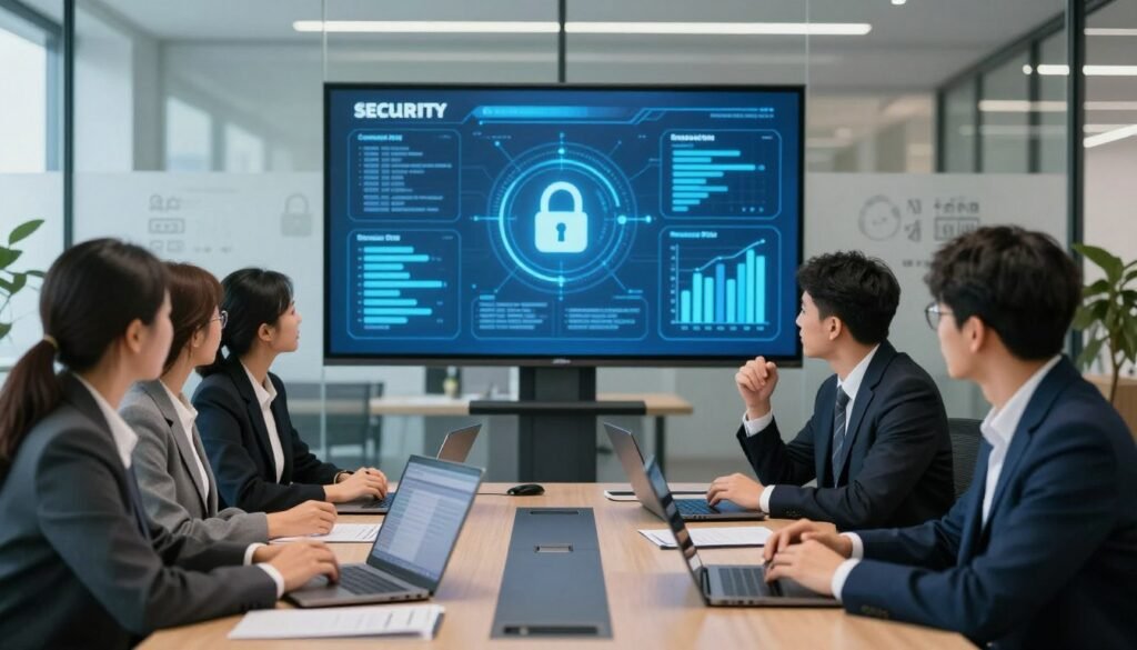 A professional office environment conveying security and compliance. In the foreground, a diverse group of business professionals dressed in smart business attire, engaged in a discussion around a conference table, with laptops and digital devices displaying secure data connections. In the middle ground, a large digital screen showing security protocols and compliance graphs, with soft blue lighting emphasizing a high-tech aura. The background features glass walls with decals of data security symbols and locks, bathed in natural light filtering through. The atmosphere is focused and collaborative, evoking a sense of responsibility and trust in data management. The lens is slightly wide, allowing a clear view of the entire setting, creating a professional and polished mood. A professional office environment conveying security and compliance. In the foreground, a diverse group of business professionals dressed in smart business attire, engaged in a discussion around a conference table, with laptops and digital devices displaying secure data connections. In the middle ground, a large digital screen showing security protocols and compliance graphs, with soft blue lighting emphasizing a high-tech aura. The background features glass walls with decals of data security symbols and locks, bathed in natural light filtering through. The atmosphere is focused and collaborative, evoking a sense of responsibility and trust in data management. The lens is slightly wide, allowing a clear view of the entire setting, creating a professional and polished mood.