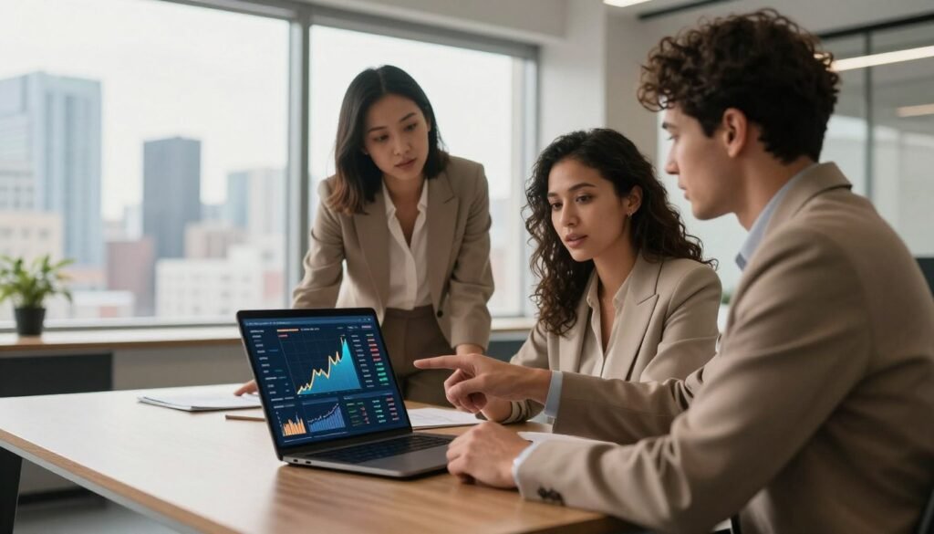 A professional office setting with a sleek modern desk at the foreground, featuring a laptop open to a sophisticated financial dashboard displaying graphs and data metrics representing financial stability. In the middle ground, a diverse group of three business professionals—two women and one man—dressed in smart business attire engage in a discussion, pointing at the screen and sharing insights. The background shows a large window allowing natural light to flood the room, with a view of a bustling city skyline, symbolizing growth and opportunity. The atmosphere is one of collaboration and focus, with a warm and inviting ambiance enhanced by soft lighting and earthy color tones, creating an environment conducive to productive financial planning. A professional office setting with a sleek modern desk at the foreground, featuring a laptop open to a sophisticated financial dashboard displaying graphs and data metrics representing financial stability. In the middle ground, a diverse group of three business professionals—two women and one man—dressed in smart business attire engage in a discussion, pointing at the screen and sharing insights. The background shows a large window allowing natural light to flood the room, with a view of a bustling city skyline, symbolizing growth and opportunity. The atmosphere is one of collaboration and focus, with a warm and inviting ambiance enhanced by soft lighting and earthy color tones, creating an environment conducive to productive financial planning.