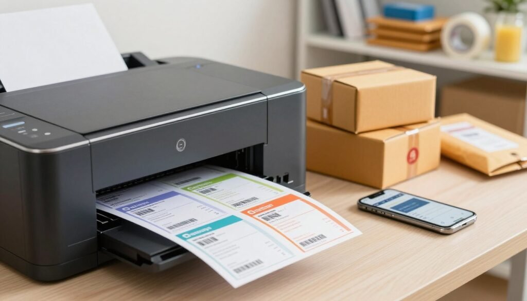 A professional workspace scene featuring a sleek, modern printer effortlessly producing vibrant shipping labels. In the foreground, a close-up of freshly printed labels showcasing various colorful designs for packages, including barcodes and shipping information. In the middle, stacks of organized shipping boxes await labeling, with a smartphone displaying a shipping app. The background is softly blurred, featuring shelves lined with shipping supplies, such as envelopes and tape, under bright, natural lighting that gives a warm yet efficient atmosphere. The image captures the essence of automation and efficiency in shipping operations, emphasizing a smooth workflow. The angle is slightly elevated, providing a clear view of the entire setup without any text or distractions. A professional workspace scene featuring a sleek, modern printer effortlessly producing vibrant shipping labels. In the foreground, a close-up of freshly printed labels showcasing various colorful designs for packages, including barcodes and shipping information. In the middle, stacks of organized shipping boxes await labeling, with a smartphone displaying a shipping app. The background is softly blurred, featuring shelves lined with shipping supplies, such as envelopes and tape, under bright, natural lighting that gives a warm yet efficient atmosphere. The image captures the essence of automation and efficiency in shipping operations, emphasizing a smooth workflow. The angle is slightly elevated, providing a clear view of the entire setup without any text or distractions.