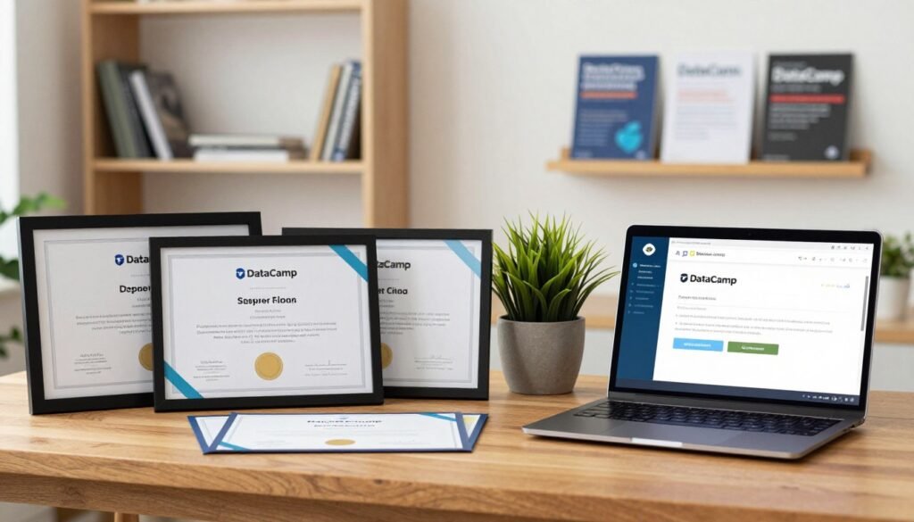 A professional workspace showcasing a collection of DataCamp certifications displayed elegantly on a wooden desk. In the foreground, several framed certificates featuring modern, sleek design elements, bright colors, and a logo are arranged prominently. A laptop is open next to them, with a DataCamp course webpage visible on the screen. In the middle, a potted plant adds a touch of freshness, while in the background, soft, out-of-focus shelves hold books and training manuals on data analysis and programming. Use warm, natural lighting to create an inviting atmosphere, with a slight bokeh effect to emphasize the certifications. The overall mood should convey achievement and professionalism, reflecting the importance of these certifications in the job market. A professional workspace showcasing a collection of DataCamp certifications displayed elegantly on a wooden desk. In the foreground, several framed certificates featuring modern, sleek design elements, bright colors, and a logo are arranged prominently. A laptop is open next to them, with a DataCamp course webpage visible on the screen. In the middle, a potted plant adds a touch of freshness, while in the background, soft, out-of-focus shelves hold books and training manuals on data analysis and programming. Use warm, natural lighting to create an inviting atmosphere, with a slight bokeh effect to emphasize the certifications. The overall mood should convey achievement and professionalism, reflecting the importance of these certifications in the job market.