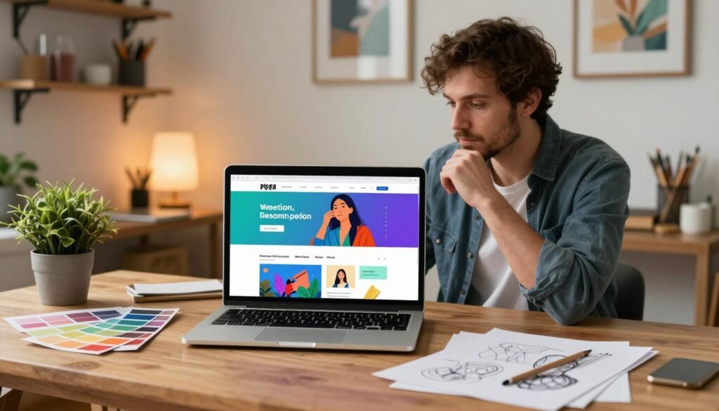A professional workspace showcasing alternatives to Pixpa for artists and designers. In the foreground, display an elegant wooden desk with a sleek laptop open to a vibrant web design interface, surrounded by color swatches, sketches, and a potted plant for a touch of nature. In the middle, an artist, dressed in smart-casual attire, is thoughtfully evaluating different website templates on the laptop, with a focused expression. The background features a cozy, well-lit studio with shelves displaying art supplies, framed artworks, and ambient lights casting a warm glow. The overall mood is creative and inspiring, emphasizing the importance of selecting the right platform for showcasing artistic work. A professional workspace showcasing alternatives to Pixpa for artists and designers. In the foreground, display an elegant wooden desk with a sleek laptop open to a vibrant web design interface, surrounded by color swatches, sketches, and a potted plant for a touch of nature. In the middle, an artist, dressed in smart-casual attire, is thoughtfully evaluating different website templates on the laptop, with a focused expression. The background features a cozy, well-lit studio with shelves displaying art supplies, framed artworks, and ambient lights casting a warm glow. The overall mood is creative and inspiring, emphasizing the importance of selecting the right platform for showcasing artistic work.