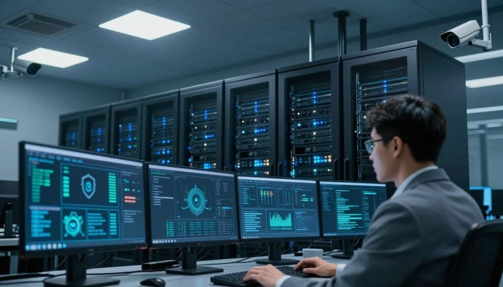 A secure server room showcasing advanced security measures. In the foreground, a professional technician in business attire monitors multiple computer screens displaying real-time data on cybersecurity threats. The middle ground features sleek server racks with blinking LED lights, indicating active protection mechanisms. In the background, a high-tech security system with surveillance cameras mounted in the corners, casting soft, focused lighting that creates a sense of vigilance and safety. The atmosphere is serious yet optimistic, emphasizing the importance of data protection and server security. The image is captured from a low angle to highlight the height of the server racks, conveying a feeling of robustness and reliability in digital security. A secure server room showcasing advanced security measures. In the foreground, a professional technician in business attire monitors multiple computer screens displaying real-time data on cybersecurity threats. The middle ground features sleek server racks with blinking LED lights, indicating active protection mechanisms. In the background, a high-tech security system with surveillance cameras mounted in the corners, casting soft, focused lighting that creates a sense of vigilance and safety. The atmosphere is serious yet optimistic, emphasizing the importance of data protection and server security. The image is captured from a low angle to highlight the height of the server racks, conveying a feeling of robustness and reliability in digital security.