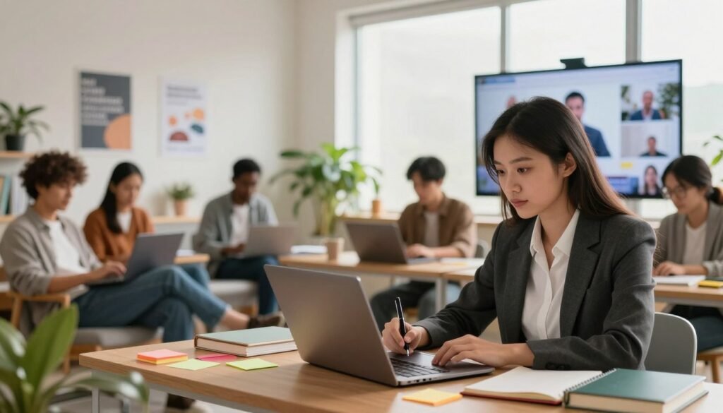 A serene and inspiring online learning environment featuring a diverse group of professionals engaged in a virtual classroom. In the foreground, a focused young woman in professional attire is taking notes on her laptop, surrounded by colorful sticky notes and books. The middle ground reveals a relaxed atmosphere with a diverse group of learners on their laptops in a cozy, well-lit room, adorned with motivational posters and houseplants, creating a sense of community. The background showcases a large screen displaying engaging multimedia content, symbolizing effective online learning. Soft natural light pours in through a large window, casting a warm glow, enhancing the atmosphere of productivity and connection. The composition is shot with a slight low angle, emphasizing the energetic exchange of knowledge while maintaining a professional mood. A serene and inspiring online learning environment featuring a diverse group of professionals engaged in a virtual classroom. In the foreground, a focused young woman in professional attire is taking notes on her laptop, surrounded by colorful sticky notes and books. The middle ground reveals a relaxed atmosphere with a diverse group of learners on their laptops in a cozy, well-lit room, adorned with motivational posters and houseplants, creating a sense of community. The background showcases a large screen displaying engaging multimedia content, symbolizing effective online learning. Soft natural light pours in through a large window, casting a warm glow, enhancing the atmosphere of productivity and connection. The composition is shot with a slight low angle, emphasizing the energetic exchange of knowledge while maintaining a professional mood.
