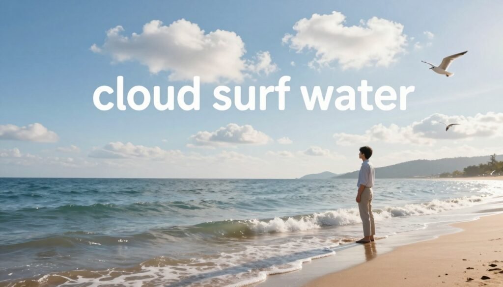 A serene beach scene showcasing the concept of "cloud surf water." In the foreground, gentle waves lap at the shore, their surface glistening under soft, golden sunlight. A few fluffy, white clouds float lazily in the bright blue sky, casting delicate shadows on the water. In the middle ground, a person dressed in light, professional attire stands at the water's edge, their gaze focused on the horizon, embodying a feeling of tranquility and connection with nature. In the background, distant hills provide a peaceful backdrop, while seagulls glide effortlessly through the air. The overall atmosphere is calm and refreshing, inviting viewers to experience the light, hydrating sensation associated with "cloud surf water." The image should be bright and inviting, capturing the essence of a gentle coastal environment. A serene beach scene showcasing the concept of "cloud surf water." In the foreground, gentle waves lap at the shore, their surface glistening under soft, golden sunlight. A few fluffy, white clouds float lazily in the bright blue sky, casting delicate shadows on the water. In the middle ground, a person dressed in light, professional attire stands at the water's edge, their gaze focused on the horizon, embodying a feeling of tranquility and connection with nature. In the background, distant hills provide a peaceful backdrop, while seagulls glide effortlessly through the air. The overall atmosphere is calm and refreshing, inviting viewers to experience the light, hydrating sensation associated with "cloud surf water." The image should be bright and inviting, capturing the essence of a gentle coastal environment.