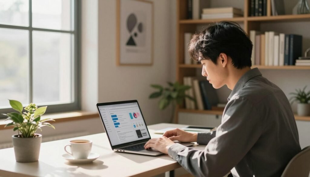 A serene workspace bathed in warm, natural light, highlighting a sleek, modern desk with a laptop open displaying a productivity app. In the foreground, a person in professional attire is deeply focused on their work, leaning slightly forward with a look of concentration. To the left, a subtle arrangement of potted plants and a coffee cup exudes a calm atmosphere. The middle ground features a wall adorned with motivational artwork and a large window allowing sunlight to stream in, casting gentle shadows. In the background, bookshelves filled with neatly organized books create a sense of knowledge and order. The overall mood is tranquil and inspiring, emphasizing the theme of deep work and productivity, captured with a soft focus lens to enhance the ambiance. A serene workspace bathed in warm, natural light, highlighting a sleek, modern desk with a laptop open displaying a productivity app. In the foreground, a person in professional attire is deeply focused on their work, leaning slightly forward with a look of concentration. To the left, a subtle arrangement of potted plants and a coffee cup exudes a calm atmosphere. The middle ground features a wall adorned with motivational artwork and a large window allowing sunlight to stream in, casting gentle shadows. In the background, bookshelves filled with neatly organized books create a sense of knowledge and order. The overall mood is tranquil and inspiring, emphasizing the theme of deep work and productivity, captured with a soft focus lens to enhance the ambiance.