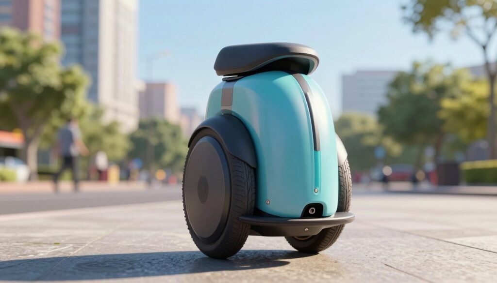 A sleek electric unicycle, designed with a modern aesthetic and vibrant colors, stands in the foreground, showcasing its smooth contours and advanced technology. In the middle ground, soft shadows hint at a dynamic urban environment, with hints of bustling city life and green parks in the backdrop. The background features a bright, sunny day with blue skies, accentuating the electric unicycle's mobility theme. The scene is illuminated by natural light, casting soft glows that highlight the unicycle’s features. The angle captures the unicycle from a slightly low perspective, emphasizing its stature and cutting-edge design. The overall mood is energetic and innovative, ideal for showcasing contemporary transportation solutions. A sleek electric unicycle, designed with a modern aesthetic and vibrant colors, stands in the foreground, showcasing its smooth contours and advanced technology. In the middle ground, soft shadows hint at a dynamic urban environment, with hints of bustling city life and green parks in the backdrop. The background features a bright, sunny day with blue skies, accentuating the electric unicycle's mobility theme. The scene is illuminated by natural light, casting soft glows that highlight the unicycle’s features. The angle captures the unicycle from a slightly low perspective, emphasizing its stature and cutting-edge design. The overall mood is energetic and innovative, ideal for showcasing contemporary transportation solutions.