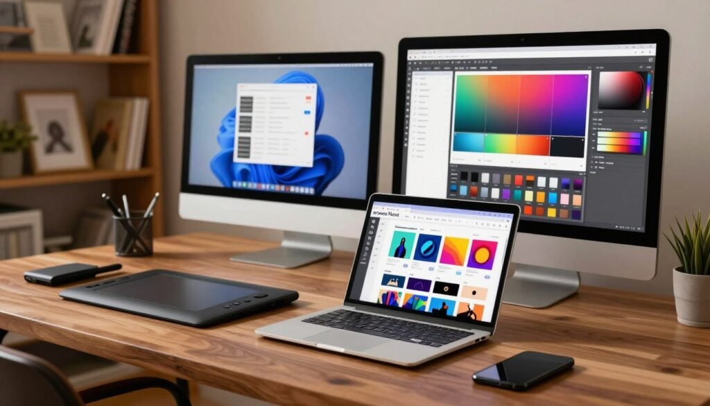 A sleek, modern digital design workspace featuring an array of design tools laid out on a polished wooden desk. In the foreground, a laptop displaying Envato Placeit's vibrant interface with design templates open, alongside a graphics tablet and stylus. In the middle ground, a stylish monitor displays various design assets, while a vibrant color palette and design swatches add creativity to the scene. The background reveals soft-focused shelves filled with design books and inspirational art, illuminated by warm, ambient lighting that creates a professional yet inviting atmosphere. Capture a sense of creativity and productivity in a contemporary workspace, evoking inspiration for business owners and creators. The image should be photographed from a slight angle to highlight the depth of the workspace, maintaining a clean and organized appearance. A sleek, modern digital design workspace featuring an array of design tools laid out on a polished wooden desk. In the foreground, a laptop displaying Envato Placeit's vibrant interface with design templates open, alongside a graphics tablet and stylus. In the middle ground, a stylish monitor displays various design assets, while a vibrant color palette and design swatches add creativity to the scene. The background reveals soft-focused shelves filled with design books and inspirational art, illuminated by warm, ambient lighting that creates a professional yet inviting atmosphere. Capture a sense of creativity and productivity in a contemporary workspace, evoking inspiration for business owners and creators. The image should be photographed from a slight angle to highlight the depth of the workspace, maintaining a clean and organized appearance.