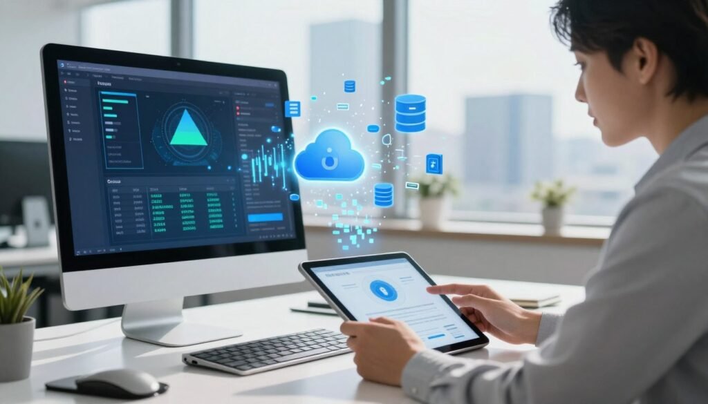 A sleek, modern office desk with a computer screen showing a vibrant data removal interface, featuring visual graphs and data being erased. In the foreground, a focused business professional dressed in smart casual attire is using a tablet, browsing through security protocols. In the middle, a blurred view of digital information—icons of databases and cloud storage—transitioning into pixelated fragments as they are being deleted. The background shows a large window with cityscape views under a bright, sunny day, representing clarity and transparency. The lighting is bright and inviting, creating a positive atmosphere that conveys efficiency and professionalism. The overall mood is one of empowerment and control over personal data management. A sleek, modern office desk with a computer screen showing a vibrant data removal interface, featuring visual graphs and data being erased. In the foreground, a focused business professional dressed in smart casual attire is using a tablet, browsing through security protocols. In the middle, a blurred view of digital information—icons of databases and cloud storage—transitioning into pixelated fragments as they are being deleted. The background shows a large window with cityscape views under a bright, sunny day, representing clarity and transparency. The lighting is bright and inviting, creating a positive atmosphere that conveys efficiency and professionalism. The overall mood is one of empowerment and control over personal data management.