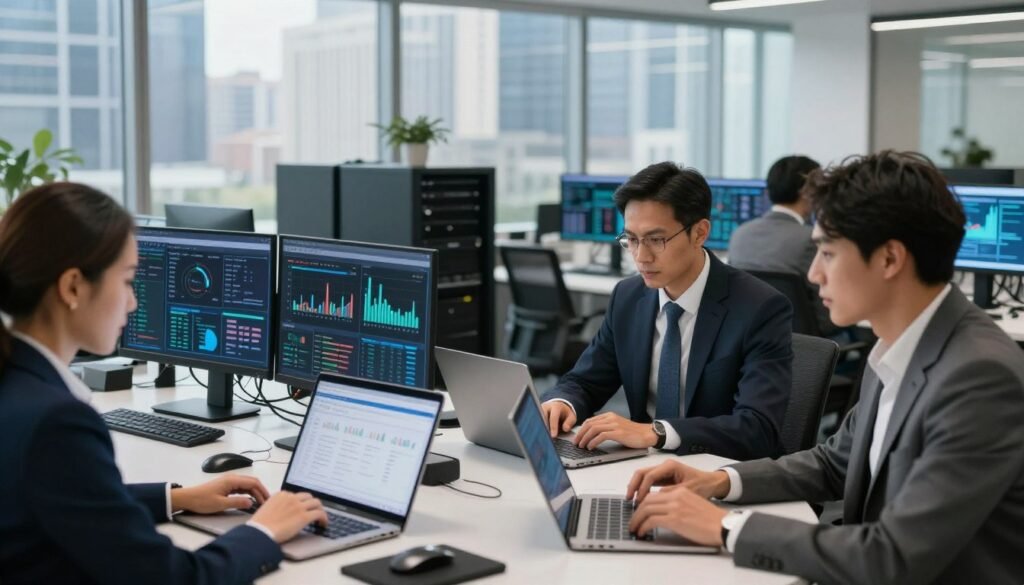 A sleek, modern office environment filled with professionals working on laptops and digital devices. In the foreground, a diverse group of three individuals, dressed in business attire, intensely analyzing data on screens that display graphs and web analytics. The middle ground features an array of high-tech gadgets, like servers and data visualization tools, emphasizing a data-driven atmosphere. The background shows a city skyline through large glass windows, allowing natural light to flood the space, creating a bright and focused ambiance. The overall mood is one of innovation and urgency, representing the need for proxy services in the competitive business landscape of the United States. A sleek, modern office environment filled with professionals working on laptops and digital devices. In the foreground, a diverse group of three individuals, dressed in business attire, intensely analyzing data on screens that display graphs and web analytics. The middle ground features an array of high-tech gadgets, like servers and data visualization tools, emphasizing a data-driven atmosphere. The background shows a city skyline through large glass windows, allowing natural light to flood the space, creating a bright and focused ambiance. The overall mood is one of innovation and urgency, representing the need for proxy services in the competitive business landscape of the United States.