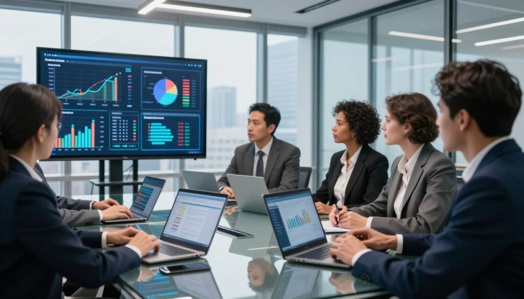 A sleek, modern office environment serving as the backdrop, where a diverse team of professionals, dressed in business attire, is engaged in a collaborative discussion about advanced data analytics. In the foreground, a digital display shows complex exposure data visualizations, including graphs, pie charts, and real-time data streams. The middle ground features a glass conference table with laptops open, showcasing analytical tools and software interfaces. The lighting is bright and focused, creating a high-tech atmosphere, illuminated by overhead LEDs. The mood conveys urgency and resolution, emphasizing the rapid decision-making process. Panoramic windows in the background reveal a city skyline, enhancing the sense of a bustling enterprise dedicated to cybersecurity advancements. A sleek, modern office environment serving as the backdrop, where a diverse team of professionals, dressed in business attire, is engaged in a collaborative discussion about advanced data analytics. In the foreground, a digital display shows complex exposure data visualizations, including graphs, pie charts, and real-time data streams. The middle ground features a glass conference table with laptops open, showcasing analytical tools and software interfaces. The lighting is bright and focused, creating a high-tech atmosphere, illuminated by overhead LEDs. The mood conveys urgency and resolution, emphasizing the rapid decision-making process. Panoramic windows in the background reveal a city skyline, enhancing the sense of a bustling enterprise dedicated to cybersecurity advancements.