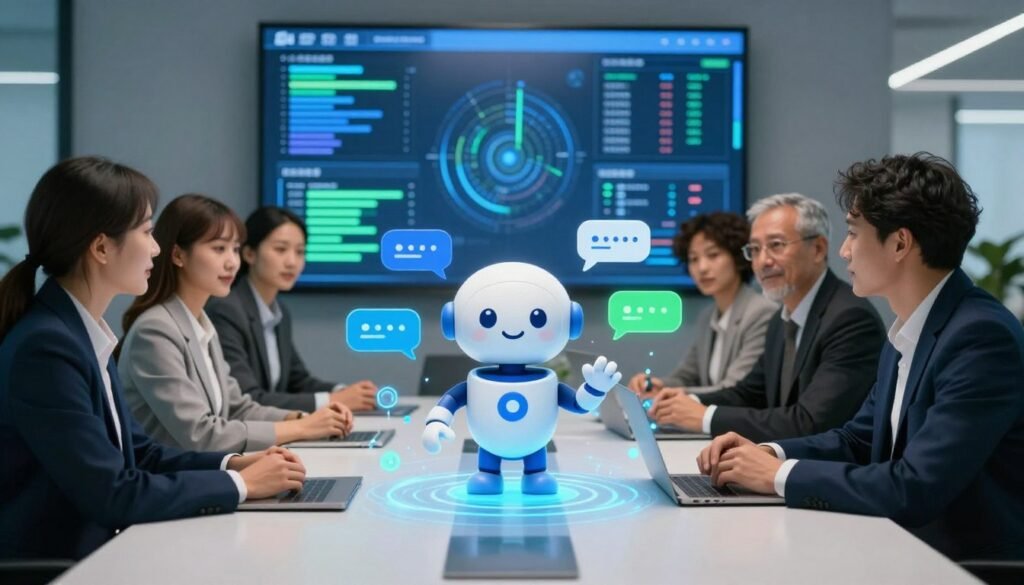 A sleek, modern office setting is filled with vibrant colors and innovative technology. In the foreground, a friendly, professional-looking chatbot icon sits atop a digital interface, interacting with users through visually engaging graphical elements. In the middle ground, a diverse group of business professionals, dressed in smart business attire, are collaborating around a conference table, discussing chatbots' impact on communication. The background features large screens displaying real-time analytics and automation processes, with blue and green tones creating a tech-savvy atmosphere. Soft, focused lighting emphasizes the central elements while creating an energetic but professional mood. The image conveys the seamless integration of automation and chatbots into business operations, highlighting efficiency and collaboration. A sleek, modern office setting is filled with vibrant colors and innovative technology. In the foreground, a friendly, professional-looking chatbot icon sits atop a digital interface, interacting with users through visually engaging graphical elements. In the middle ground, a diverse group of business professionals, dressed in smart business attire, are collaborating around a conference table, discussing chatbots' impact on communication. The background features large screens displaying real-time analytics and automation processes, with blue and green tones creating a tech-savvy atmosphere. Soft, focused lighting emphasizes the central elements while creating an energetic but professional mood. The image conveys the seamless integration of automation and chatbots into business operations, highlighting efficiency and collaboration.