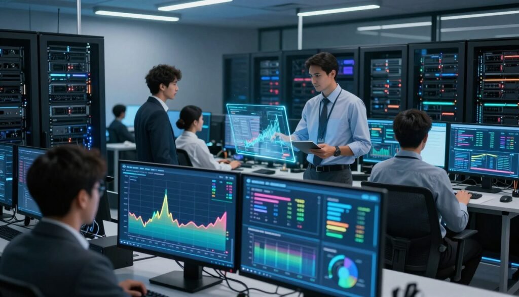 A sleek, modern server room filled with advanced technology and glowing screens displaying performance metrics. In the foreground, a digital dashboard shows real-time graphs illustrating speed response, uptime percentages, and latency times, rendered in vibrant colors. The middle ground features a team of diverse IT professionals, dressed in professional business attire, collaborating around a holographic interface. The background displays rows of high-performance servers, illuminated by soft, ambient lighting that adds a high-tech feel. The atmosphere is focused and dynamic, evoking a sense of reliability and cutting-edge performance in web hosting. Use a wide-angle perspective to capture the whole environment, ensuring clarity and detail in the equipment and expressions of the team. A sleek, modern server room filled with advanced technology and glowing screens displaying performance metrics. In the foreground, a digital dashboard shows real-time graphs illustrating speed response, uptime percentages, and latency times, rendered in vibrant colors. The middle ground features a team of diverse IT professionals, dressed in professional business attire, collaborating around a holographic interface. The background displays rows of high-performance servers, illuminated by soft, ambient lighting that adds a high-tech feel. The atmosphere is focused and dynamic, evoking a sense of reliability and cutting-edge performance in web hosting. Use a wide-angle perspective to capture the whole environment, ensuring clarity and detail in the equipment and expressions of the team.