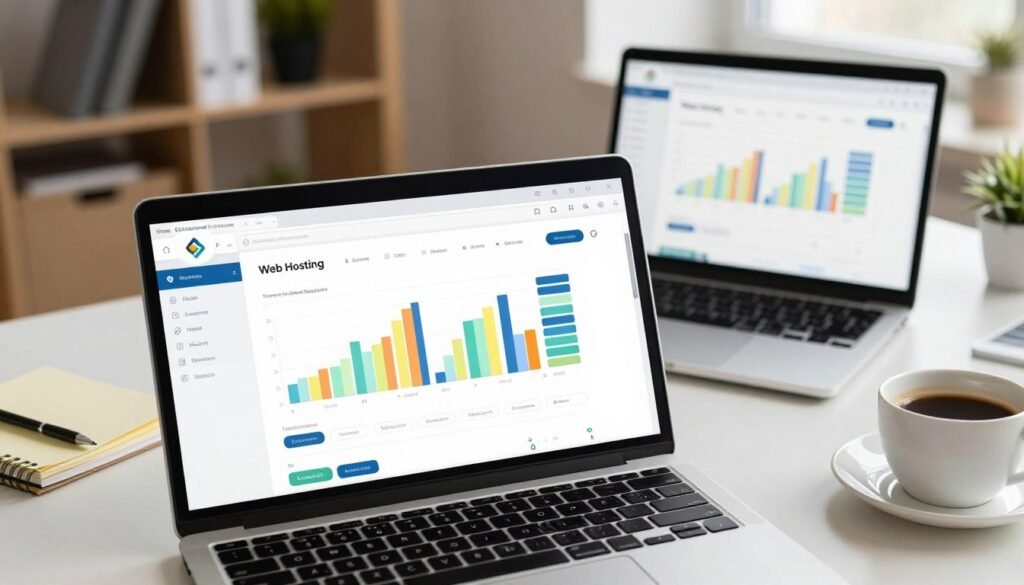 A sleek, modern web hosting control panel interface displayed prominently in the foreground, featuring vibrant graphs, user-friendly navigation menus, and interactive options for website management. The middle ground should highlight a digital workspace that includes a laptop with an open browser displaying the control panel, surrounded by notes and coffee, suggesting a productive environment. In the background, a softly lit office space with shelves of tech books and a plant provides a calming atmosphere. The overall lighting is bright and inviting, enhancing a professional yet approachable mood. Focus on a high-angle shot for a clear view of the control panel's features, conveying ease of use and efficiency. A sleek, modern web hosting control panel interface displayed prominently in the foreground, featuring vibrant graphs, user-friendly navigation menus, and interactive options for website management. The middle ground should highlight a digital workspace that includes a laptop with an open browser displaying the control panel, surrounded by notes and coffee, suggesting a productive environment. In the background, a softly lit office space with shelves of tech books and a plant provides a calming atmosphere. The overall lighting is bright and inviting, enhancing a professional yet approachable mood. Focus on a high-angle shot for a clear view of the control panel's features, conveying ease of use and efficiency.