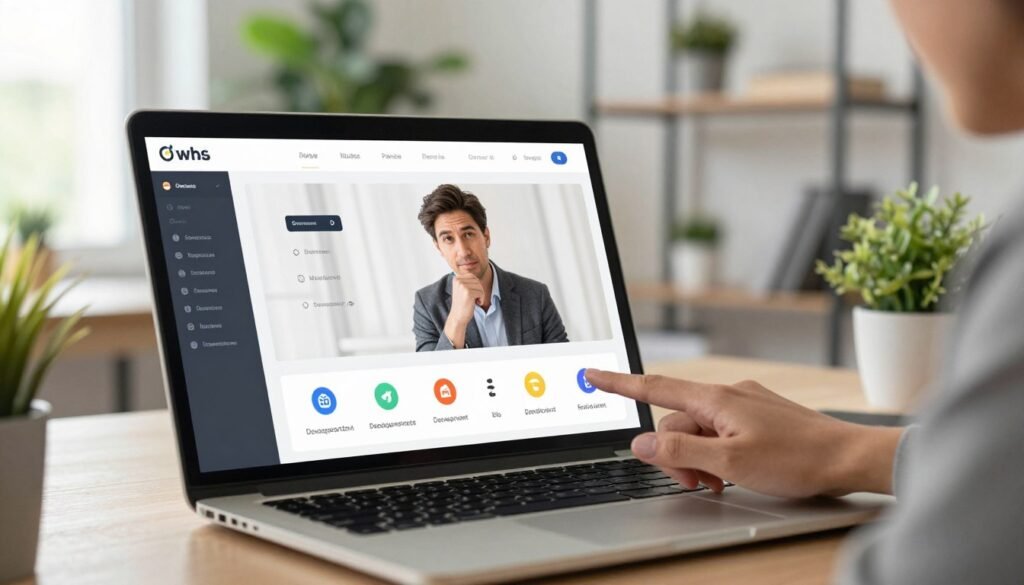 A sleek, modern web hosting dashboard displayed on a laptop screen in a bright, organized workspace. In the foreground, a hand interacts with an intuitive control panel featuring colorful icons representing domain management and development environments. The middle layer shows a professional businessperson, dressed in a smart casual outfit, closely examining the laptop screen with a thoughtful expression. The background fades into a softly lit office space with green plants and contemporary decor, creating a productive atmosphere. Natural light filters through a window, casting a warm glow over the scene, emphasizing a sense of efficiency and ease of use in web hosting services. A sleek, modern web hosting dashboard displayed on a laptop screen in a bright, organized workspace. In the foreground, a hand interacts with an intuitive control panel featuring colorful icons representing domain management and development environments. The middle layer shows a professional businessperson, dressed in a smart casual outfit, closely examining the laptop screen with a thoughtful expression. The background fades into a softly lit office space with green plants and contemporary decor, creating a productive atmosphere. Natural light filters through a window, casting a warm glow over the scene, emphasizing a sense of efficiency and ease of use in web hosting services.