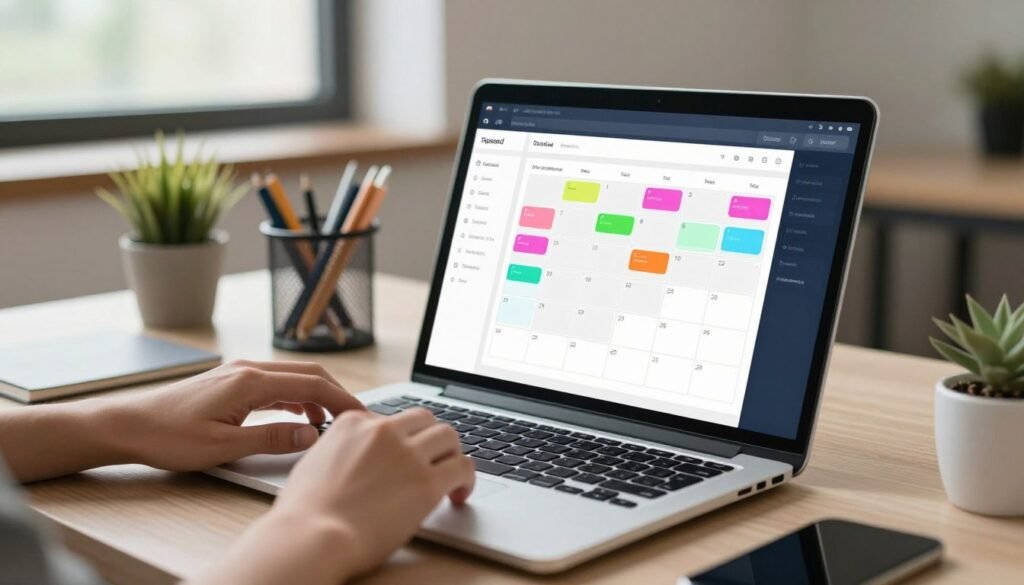 A sleek, modern workspace featuring a laptop open to a digital calendar interface displaying vibrant scheduling links. In the foreground, a hand is poised above the keyboard, highlighting engagement with the technology. The middle ground showcases a desk with organized stationery and a small potted plant, adding a touch of warmth. In the background, a window allows soft, natural light to pour in, creating an inviting atmosphere. The scene conveys productivity and efficiency, emphasizing the ease of sharing availability through scheduling links compared to traditional booking methods. The overall mood is professional yet approachable, reflecting innovation in time management solutions. A sleek, modern workspace featuring a laptop open to a digital calendar interface displaying vibrant scheduling links. In the foreground, a hand is poised above the keyboard, highlighting engagement with the technology. The middle ground showcases a desk with organized stationery and a small potted plant, adding a touch of warmth. In the background, a window allows soft, natural light to pour in, creating an inviting atmosphere. The scene conveys productivity and efficiency, emphasizing the ease of sharing availability through scheduling links compared to traditional booking methods. The overall mood is professional yet approachable, reflecting innovation in time management solutions.