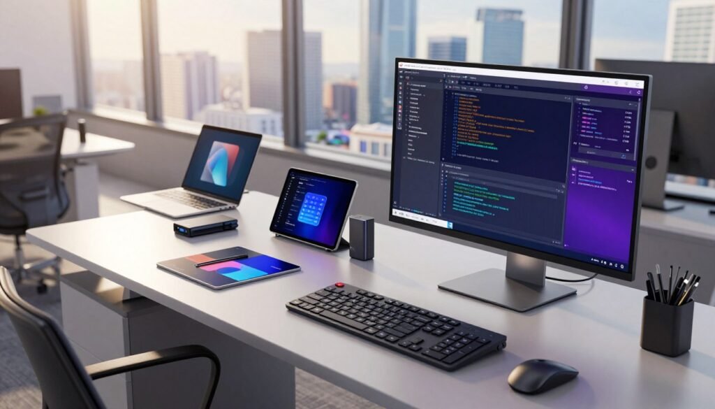 A sleek modern workspace with a high-tech computer setup in the foreground, displaying vibrant software interfaces and coding environments. In the middle ground, an organized desk filled with software tools and gadgets like external hard drives, tablets, and digital notepads, showcasing a blend of productivity and creativity. The background features a large window revealing a futuristic city skyline, bathed in natural sunlight. The atmosphere is professional yet innovative, emphasizing efficiency and technology. Use soft lighting with a warm hue to create an inviting yet focused ambiance. The camera angle is slightly elevated, capturing the entirety of the workspace, highlighting the harmony between technology and creativity. A sleek modern workspace with a high-tech computer setup in the foreground, displaying vibrant software interfaces and coding environments. In the middle ground, an organized desk filled with software tools and gadgets like external hard drives, tablets, and digital notepads, showcasing a blend of productivity and creativity. The background features a large window revealing a futuristic city skyline, bathed in natural sunlight. The atmosphere is professional yet innovative, emphasizing efficiency and technology. Use soft lighting with a warm hue to create an inviting yet focused ambiance. The camera angle is slightly elevated, capturing the entirety of the workspace, highlighting the harmony between technology and creativity.