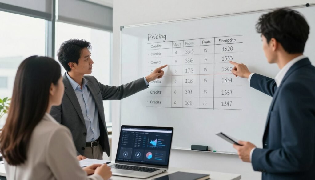 A sophisticated business setting showcasing a modern whiteboard filled with clear pricing structures and subscription plans. In the foreground, a diverse group of three professionals in business attire examines the pricing details, pointing at distinct sections with varying numerical values for credits and services. In the middle ground, a sleek laptop displays a user interface with graphical elements like charts and icons highlighting the services offered. The background features a contemporary office with large windows, allowing natural light to flood the space, enhancing the atmosphere of clarity and professionalism. Capture a sense of collaboration and focused engagement, with the lighting soft yet bright, suggesting an innovative approach to pricing strategies. A sophisticated business setting showcasing a modern whiteboard filled with clear pricing structures and subscription plans. In the foreground, a diverse group of three professionals in business attire examines the pricing details, pointing at distinct sections with varying numerical values for credits and services. In the middle ground, a sleek laptop displays a user interface with graphical elements like charts and icons highlighting the services offered. The background features a contemporary office with large windows, allowing natural light to flood the space, enhancing the atmosphere of clarity and professionalism. Capture a sense of collaboration and focused engagement, with the lighting soft yet bright, suggesting an innovative approach to pricing strategies.