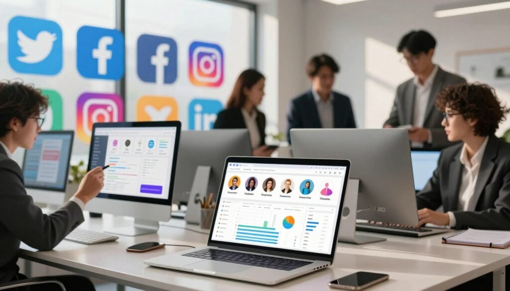 A stylized, modern workspace showcasing different social media profiles on computer screens. In the foreground, a sleek desk with a laptop displaying various profile dashboards, each bursting with colorful graphs and analytics. In the middle, a vibrant wall with framed icons representing various social media platforms, like Twitter, Facebook, Instagram, and LinkedIn. Professional individuals in smart business attire are collaborating, discussing profile strategies, and analyzing data. The background features a large window with natural light streaming in, casting soft shadows that create a warm, inviting atmosphere. The focus should be sharp on the laptop screens while maintaining a slightly blurred effect on the background, emphasizing the importance of social media management.
