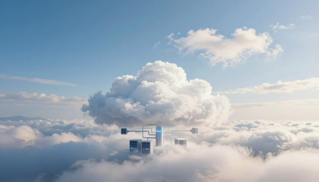 A vast, ethereal sky filled with fluffy, white cumulus clouds, illuminated by soft sunlight creating a serene atmosphere. In the foreground, a stylized digital representation of cloud computing infrastructure with interconnected data nodes and servers subtly blended into the clouds, symbolizing the integration of technology and nature. The middle ground features a gradient of blue, transitioning to a lighter hue near the horizon, while the background consists of distant mountains faintly visible through the cloud layer. The lighting is warm and inviting, emphasizing a sense of security and innovation in cloud solutions. The overall mood is optimistic and forward-looking, ideal for a professional context. A vast, ethereal sky filled with fluffy, white cumulus clouds, illuminated by soft sunlight creating a serene atmosphere. In the foreground, a stylized digital representation of cloud computing infrastructure with interconnected data nodes and servers subtly blended into the clouds, symbolizing the integration of technology and nature. The middle ground features a gradient of blue, transitioning to a lighter hue near the horizon, while the background consists of distant mountains faintly visible through the cloud layer. The lighting is warm and inviting, emphasizing a sense of security and innovation in cloud solutions. The overall mood is optimistic and forward-looking, ideal for a professional context.