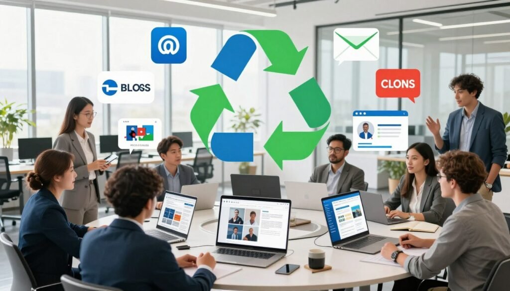 A vibrant and dynamic scene illustrating the concept of content recycling in digital marketing. In the foreground, a diverse group of professionals, dressed in smart business attire, are engaged in animated discussions around a large circular table surrounded by digital devices, showcasing a variety of content pieces like blog posts and social media graphics. In the middle ground, various colorful arrows symbolize the cyclical nature of content recycling, visually connecting different platforms like social media, blogs, and emails. The background features a modern office with large windows allowing natural light to flood in, creating an uplifting atmosphere. The overall mood is energetic and collaborative, with a blend of blues and greens to convey growth and sustainability, captured with a wide-angle lens to encompass the collaborative space. A vibrant and dynamic scene illustrating the concept of content recycling in digital marketing. In the foreground, a diverse group of professionals, dressed in smart business attire, are engaged in animated discussions around a large circular table surrounded by digital devices, showcasing a variety of content pieces like blog posts and social media graphics. In the middle ground, various colorful arrows symbolize the cyclical nature of content recycling, visually connecting different platforms like social media, blogs, and emails. The background features a modern office with large windows allowing natural light to flood in, creating an uplifting atmosphere. The overall mood is energetic and collaborative, with a blend of blues and greens to convey growth and sustainability, captured with a wide-angle lens to encompass the collaborative space.