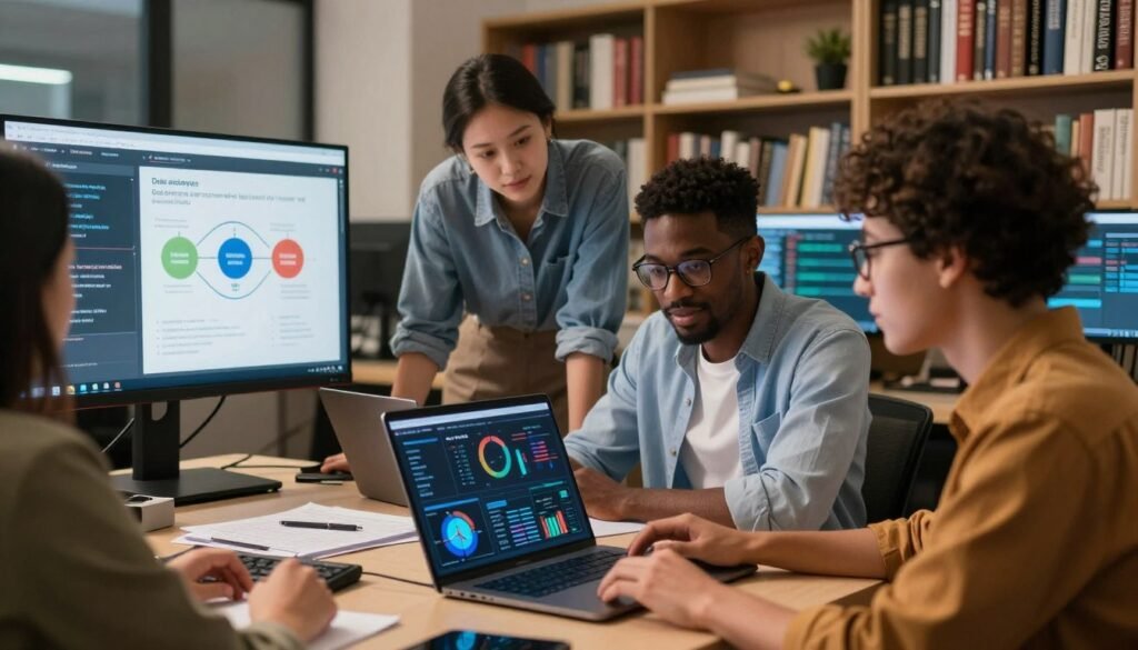 A vibrant and engaging workspace illustrating the concepts of data analytics and programming. In the foreground, a diverse group of three professionals in smart casual attire are collaborating over a laptop, analyzing colorful data charts and graphs. In the middle ground, there are interactive screens displaying visual representations of data science courses and pathways. The background contains bookshelves filled with programming and data analysis textbooks, creating an atmosphere of learning and innovation. Soft, warm lighting illuminates the room, creating an inviting ambiance. The scene captures a sense of teamwork and exploration, emphasizing the rich content and hands-on projects offered in data training. The lens is slightly wide, focusing on the collaboration while providing context of the educational environment. A vibrant and engaging workspace illustrating the concepts of data analytics and programming. In the foreground, a diverse group of three professionals in smart casual attire are collaborating over a laptop, analyzing colorful data charts and graphs. In the middle ground, there are interactive screens displaying visual representations of data science courses and pathways. The background contains bookshelves filled with programming and data analysis textbooks, creating an atmosphere of learning and innovation. Soft, warm lighting illuminates the room, creating an inviting ambiance. The scene captures a sense of teamwork and exploration, emphasizing the rich content and hands-on projects offered in data training. The lens is slightly wide, focusing on the collaboration while providing context of the educational environment.