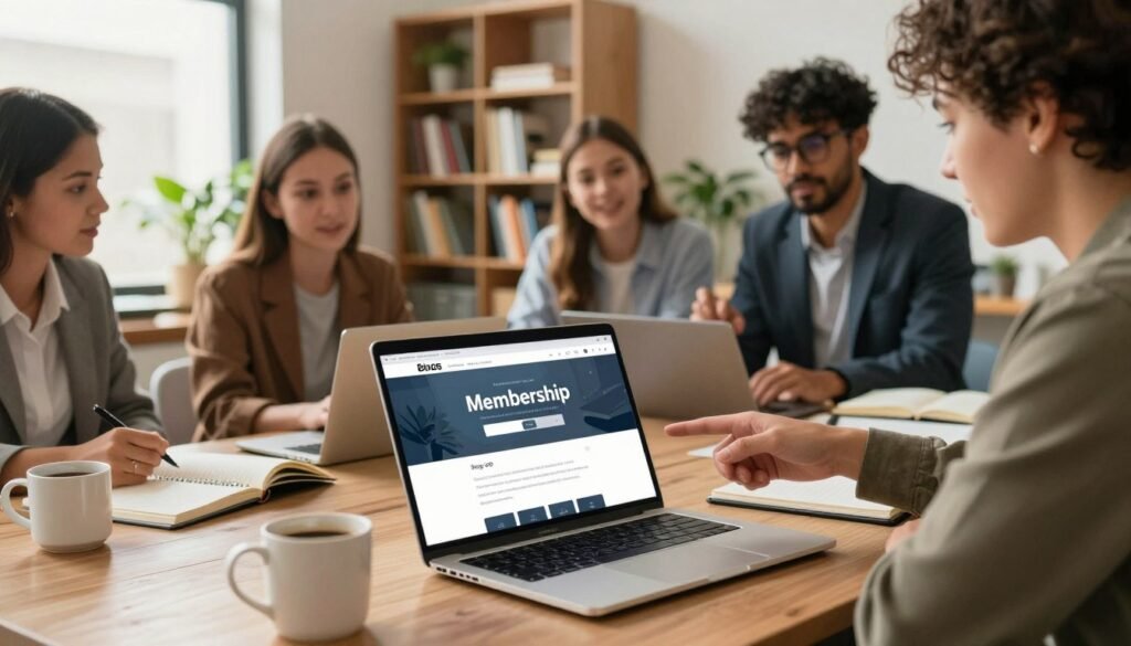 A vibrant and engaging workspace illustrating the theme of blog membership. In the foreground, a laptop displays a website with a welcoming membership sign-up form, surrounded by coffee mugs and notebooks. The middle ground features a diverse group of professionals in business attire, animatedly discussing ideas, with one pointing at the laptop. In the background, a cozy, well-lit office with bookshelves full of resources and plants creates an inviting atmosphere. Warm lighting casts soft shadows, enhancing the collaborative mood. The angle is slightly tilted downwards to focus on the interaction between individuals and the laptop, capturing the essence of community and growth in content creation. A vibrant and engaging workspace illustrating the theme of blog membership. In the foreground, a laptop displays a website with a welcoming membership sign-up form, surrounded by coffee mugs and notebooks. The middle ground features a diverse group of professionals in business attire, animatedly discussing ideas, with one pointing at the laptop. In the background, a cozy, well-lit office with bookshelves full of resources and plants creates an inviting atmosphere. Warm lighting casts soft shadows, enhancing the collaborative mood. The angle is slightly tilted downwards to focus on the interaction between individuals and the laptop, capturing the essence of community and growth in content creation.