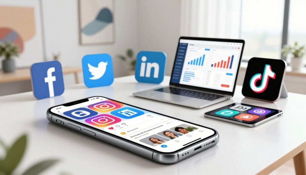 A vibrant and modern depiction of popular social media platforms including icons for Facebook, Twitter, Instagram, LinkedIn, and TikTok, presented in a visually engaging layout. Foreground: A sleek, high-tech smartphone displaying a colorful collage of these platforms' interfaces, with interactive elements like posts and notifications. Middle: A stylish, minimalist desk workspace featuring a laptop and digital tablets alongside dynamic charts and analytics visuals representing data insights. Background: A soft-focus, modern office environment with abstract art and bright natural lighting streaming through large windows, creating an uplifting atmosphere. Use a high-angle view to highlight the devices and their content, illustrating the dynamic nature of social media engagement.