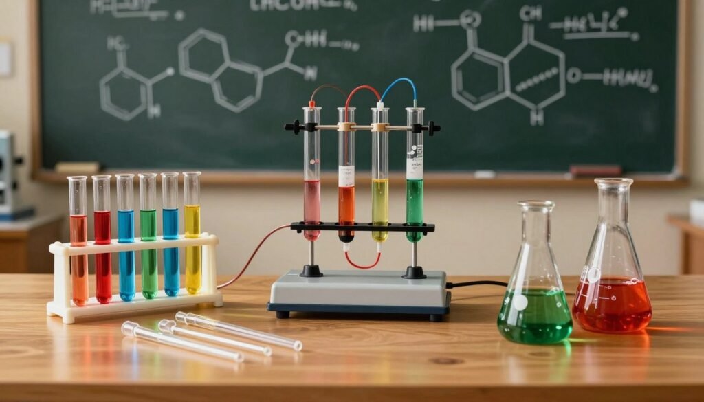 A vibrant chemistry set displayed on a wooden laboratory table, featuring colorful test tubes filled with liquids in various shades of red, blue, and green, alongside a flask bubbling with a reaction. In the foreground, glass pipettes and stirring rods are arranged neatly. The middle ground shows a small electrolysis apparatus, with visible wires connecting to the test tubes, demonstrating hydrogen production. In the background, a chalkboard covered with chemical equations and diagrams adds an educational element. Warm, focused lighting enhances the scientific atmosphere, casting soft shadows and creating a sense of discovery. The overall mood is engaging and inspiring, inviting curiosity into the world of chemistry. A vibrant chemistry set displayed on a wooden laboratory table, featuring colorful test tubes filled with liquids in various shades of red, blue, and green, alongside a flask bubbling with a reaction. In the foreground, glass pipettes and stirring rods are arranged neatly. The middle ground shows a small electrolysis apparatus, with visible wires connecting to the test tubes, demonstrating hydrogen production. In the background, a chalkboard covered with chemical equations and diagrams adds an educational element. Warm, focused lighting enhances the scientific atmosphere, casting soft shadows and creating a sense of discovery. The overall mood is engaging and inspiring, inviting curiosity into the world of chemistry.