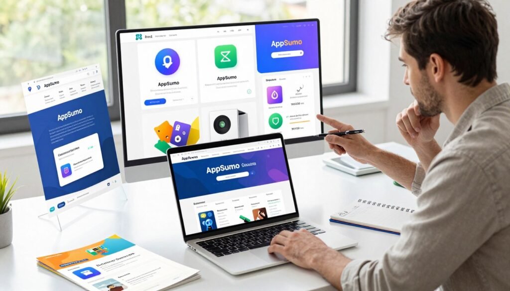 A vibrant digital workspace showcasing a variety of AppSumo deal icons and software tools, displayed on a sleek modern desk. In the foreground, a laptop with the AppSumo homepage open, surrounded by colorful brochures of software products, highlighting discounts and features. The middle layer features a business professional in smart casual attire, thoughtfully reviewing a deal, with a notepad and pen in hand. The background includes a large window with natural light streaming in, creating an inviting atmosphere. The color palette is bright and engaging, with a focus on technology and innovation. The scene conveys a sense of opportunity and evaluation, emphasizing the value of the software deals offered by AppSumo.