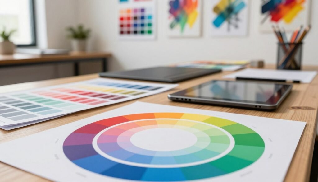 A vibrant workspace showcasing color theory, featuring a detailed color wheel in the foreground, rich in RGB hues and CMYK shades. The middle ground presents an artist's desk cluttered with graphic design tools—high-quality paper, digital tablets, and color swatches—illuminated by soft natural lighting that highlights the textures and nuances of the colors. In the background, a modern studio wall adorned with various color palettes and framed artworks splashed with creativity creates an inspiring atmosphere. The scene captures a professional yet inviting mood, emphasizing the importance of color management in graphic design, with a focus on organization and clarity. The lens perspective should be slightly tilted to create depth and draw the viewer into this colorful environment, enhancing the visual impact while remaining consistent with a professional, clean aesthetic. A vibrant workspace showcasing color theory, featuring a detailed color wheel in the foreground, rich in RGB hues and CMYK shades. The middle ground presents an artist's desk cluttered with graphic design tools—high-quality paper, digital tablets, and color swatches—illuminated by soft natural lighting that highlights the textures and nuances of the colors. In the background, a modern studio wall adorned with various color palettes and framed artworks splashed with creativity creates an inspiring atmosphere. The scene captures a professional yet inviting mood, emphasizing the importance of color management in graphic design, with a focus on organization and clarity. The lens perspective should be slightly tilted to create depth and draw the viewer into this colorful environment, enhancing the visual impact while remaining consistent with a professional, clean aesthetic.