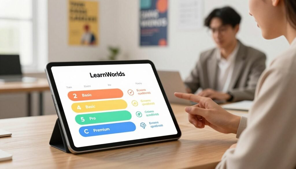 A visually appealing and informative depiction of the pricing structure for LearnWorlds. In the foreground, a sleek digital tablet displays colorful graphs and pricing tiers, featuring illustrations of three distinct packages: Basic, Pro, and Premium, each highlighted with attractive icons. The middle ground includes a modern and stylish workspace scene, with a professional individual in business attire, engaging in a discussion about online course pricing options. In the background, a blurred image of a bright, open office space with motivational posters about online learning. The lighting is warm and inviting, creating a positive and professional atmosphere. The angle is eye-level, focusing on the interaction between the individual and the tablet, enhancing the informative aspect of the image. A visually appealing and informative depiction of the pricing structure for LearnWorlds. In the foreground, a sleek digital tablet displays colorful graphs and pricing tiers, featuring illustrations of three distinct packages: Basic, Pro, and Premium, each highlighted with attractive icons. The middle ground includes a modern and stylish workspace scene, with a professional individual in business attire, engaging in a discussion about online course pricing options. In the background, a blurred image of a bright, open office space with motivational posters about online learning. The lighting is warm and inviting, creating a positive and professional atmosphere. The angle is eye-level, focusing on the interaction between the individual and the tablet, enhancing the informative aspect of the image.