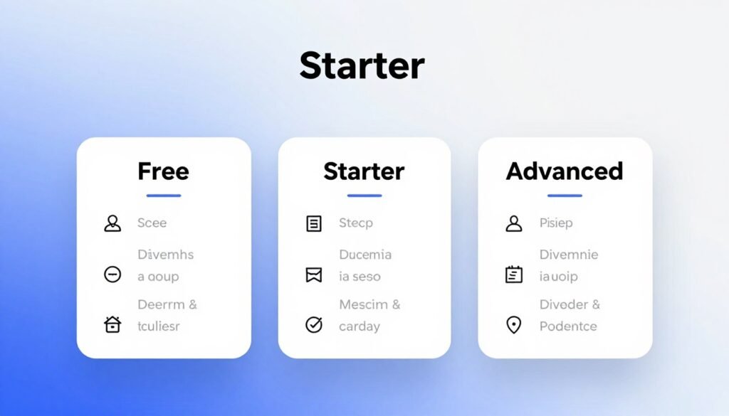 A visually appealing illustration of a pricing plan layout, featuring three distinct tiers labeled "Free," "Starter," and "Advanced." In the foreground, each tier is represented by modern, stylish cards with subtle shadows for depth, showcasing simple icons and key features specific to each plan. The middle ground includes a gradient background transitioning from light blue to white, creating a clean, professional look. Soft, ambient lighting illuminates the scene, enhancing the clarity and focus on the pricing cards. The overall atmosphere is sleek and contemporary, reflecting a business-oriented mood suitable for tech and marketing discussions. No text, logos, or human subjects are included in the image. A visually appealing illustration of a pricing plan layout, featuring three distinct tiers labeled "Free," "Starter," and "Advanced." In the foreground, each tier is represented by modern, stylish cards with subtle shadows for depth, showcasing simple icons and key features specific to each plan. The middle ground includes a gradient background transitioning from light blue to white, creating a clean, professional look. Soft, ambient lighting illuminates the scene, enhancing the clarity and focus on the pricing cards. The overall atmosphere is sleek and contemporary, reflecting a business-oriented mood suitable for tech and marketing discussions. No text, logos, or human subjects are included in the image.