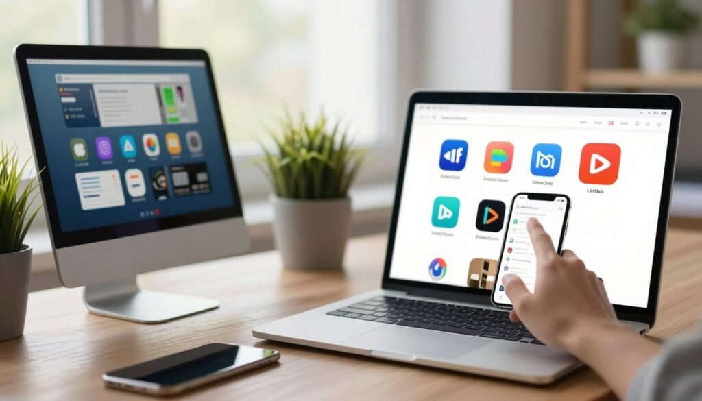 A visually appealing workspace featuring a Mac and an iPhone elegantly displaying various subscription apps on their screens. In the foreground, a hand interacts with the Mac, touching the screen to browse through app options. The middle ground showcases an organized desk with stylish tech accessories, including a sleek laptop stand and potted plants, providing a modern touch. In the background, soft natural light streams in from a window, creating a warm ambiance and enhancing productivity vibes. The atmosphere should feel inspiring and efficient, reflecting a scene of focused work and digital innovation. Use a subtle bokeh effect to softly blur the background, drawing attention to the devices and their vibrant app icons without overwhelming the viewer. A visually appealing workspace featuring a Mac and an iPhone elegantly displaying various subscription apps on their screens. In the foreground, a hand interacts with the Mac, touching the screen to browse through app options. The middle ground showcases an organized desk with stylish tech accessories, including a sleek laptop stand and potted plants, providing a modern touch. In the background, soft natural light streams in from a window, creating a warm ambiance and enhancing productivity vibes. The atmosphere should feel inspiring and efficient, reflecting a scene of focused work and digital innovation. Use a subtle bokeh effect to softly blur the background, drawing attention to the devices and their vibrant app icons without overwhelming the viewer.