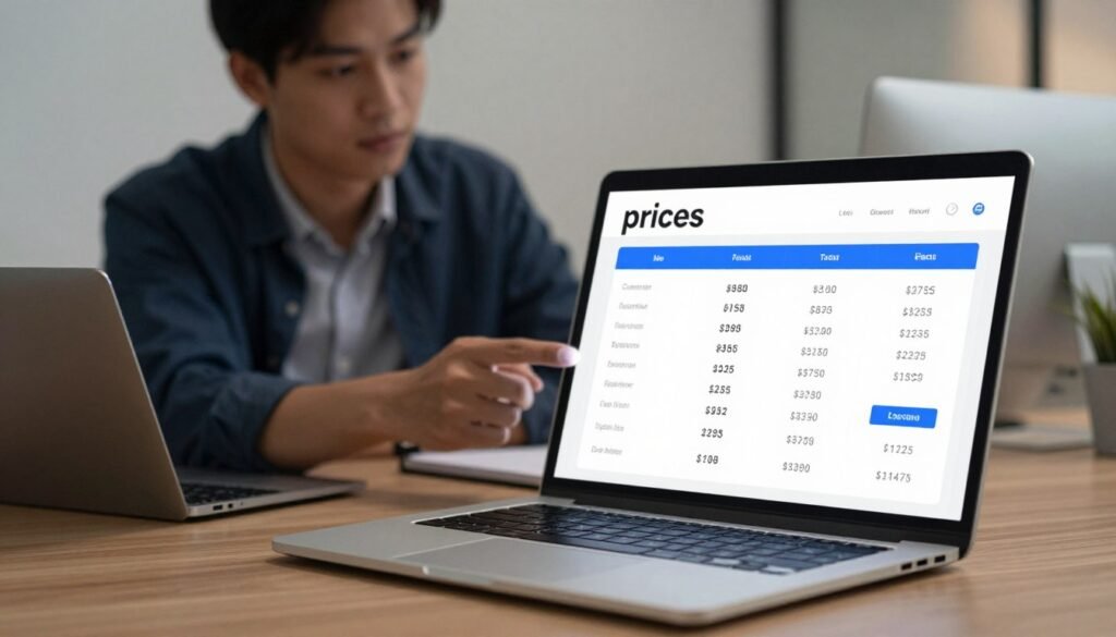 A visually engaging composition showcasing the concept of "prices" in a digital context. In the foreground, include a modern, sleek laptop open to a vibrant pricing page displaying various subscription options in a clean, organized format. The laptop screen glows softly, highlighting numerical values and plan details. In the middle ground, incorporate a professional business person, dressed in smart casual attire, analyzing data on the screen, reflecting a focused expression. The background features a subtle office environment with soft lighting that creates a warm, inviting atmosphere, emphasizing productivity and clarity. Use a shallow depth of field to keep the focus on the laptop and the person, creating a concise and informative visual narrative about pricing in a tech-savvy world. A visually engaging composition showcasing the concept of "prices" in a digital context. In the foreground, include a modern, sleek laptop open to a vibrant pricing page displaying various subscription options in a clean, organized format. The laptop screen glows softly, highlighting numerical values and plan details. In the middle ground, incorporate a professional business person, dressed in smart casual attire, analyzing data on the screen, reflecting a focused expression. The background features a subtle office environment with soft lighting that creates a warm, inviting atmosphere, emphasizing productivity and clarity. Use a shallow depth of field to keep the focus on the laptop and the person, creating a concise and informative visual narrative about pricing in a tech-savvy world.