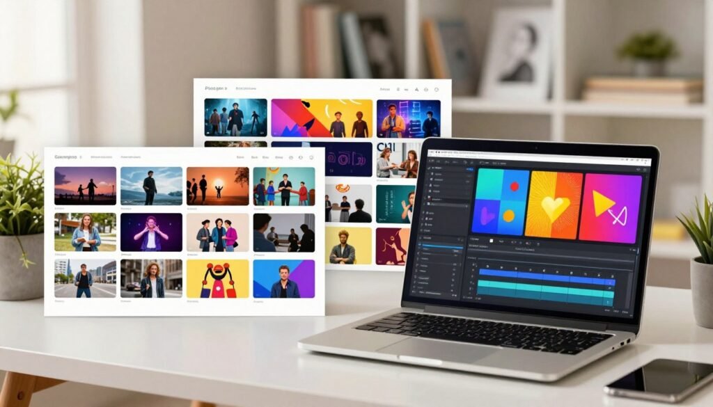 A visually engaging workspace showcasing various video templates, arranged creatively on a sleek modern desk. In the foreground, a laptop displays a vibrant video editing software interface with colorful templates, featuring animated graphics and eye-catching designs. The middle ground includes printed thumbnail previews of diverse video styles, such as promotional videos, character animations, and infographics, neatly organized. The background features a soft-focus bookshelf with design books and inspirational art, bathed in warm, natural lighting that creates a cozy yet professional atmosphere. A soft-focus potted plant adds a touch of greenery to the scene. The overall mood is vibrant, inviting, and inspirational, emphasizing creativity and easy content creation. A visually engaging workspace showcasing various video templates, arranged creatively on a sleek modern desk. In the foreground, a laptop displays a vibrant video editing software interface with colorful templates, featuring animated graphics and eye-catching designs. The middle ground includes printed thumbnail previews of diverse video styles, such as promotional videos, character animations, and infographics, neatly organized. The background features a soft-focus bookshelf with design books and inspirational art, bathed in warm, natural lighting that creates a cozy yet professional atmosphere. A soft-focus potted plant adds a touch of greenery to the scene. The overall mood is vibrant, inviting, and inspirational, emphasizing creativity and easy content creation.