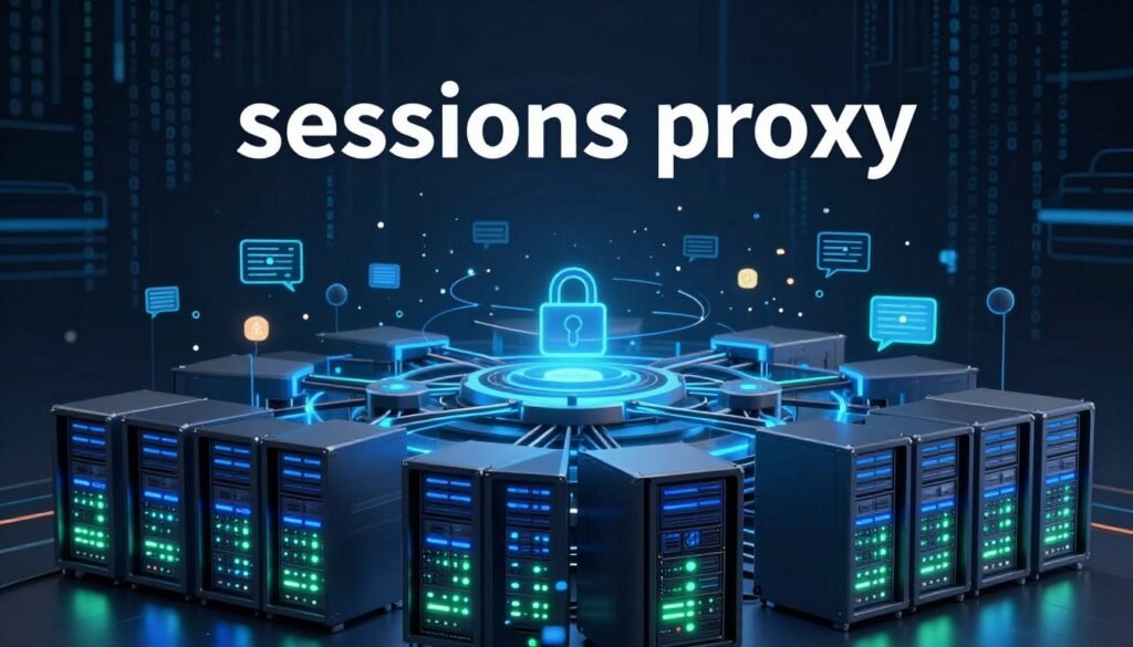 A visually striking illustration of a "sessions proxy" concept, highlighting digital connectivity and data flow. In the foreground, a network of interconnected servers illuminated with blue and green lights, symbolizing robust data management and session handling. The middle layer features stylized graphics of gateway points, representing access to a secure network, surrounded by abstract representations of data packets in motion. The background depicts a dark digital landscape filled with binary code and faint circuit patterns, creating a high-tech atmosphere. Soft, focused lighting enhances the modern feel, suggesting a sense of precision and professionalism. The angle is slightly above eye level to provide a comprehensive view of the network structure while maintaining depth and clarity. The overall mood conveys innovation, efficiency, and reliability in data analysis. A visually striking illustration of a "sessions proxy" concept, highlighting digital connectivity and data flow. In the foreground, a network of interconnected servers illuminated with blue and green lights, symbolizing robust data management and session handling. The middle layer features stylized graphics of gateway points, representing access to a secure network, surrounded by abstract representations of data packets in motion. The background depicts a dark digital landscape filled with binary code and faint circuit patterns, creating a high-tech atmosphere. Soft, focused lighting enhances the modern feel, suggesting a sense of precision and professionalism. The angle is slightly above eye level to provide a comprehensive view of the network structure while maintaining depth and clarity. The overall mood conveys innovation, efficiency, and reliability in data analysis.