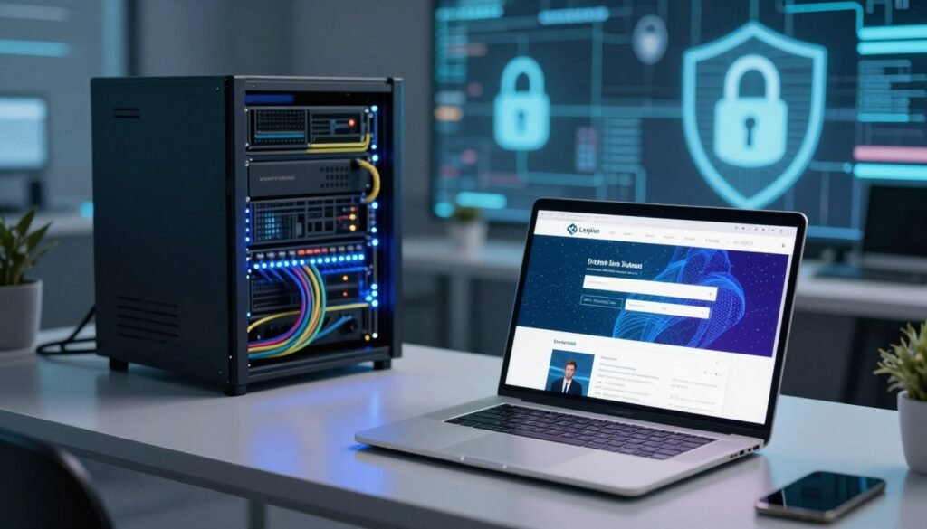 A visually striking representation of a digital domain setup, featuring a sleek modern workspace in the foreground with a stylish laptop displaying a vibrant website interface. In the middle ground, an illuminated server rack represents hosting capabilities, with colorful network cables and flashing lights. The background features a digital landscape, blended with abstract representations of security elements, such as padlocks and shields, to symbolize cybersecurity. Soft, diffused lighting creates an inviting atmosphere, suggesting productivity and innovation. The image is captured from a slightly elevated angle to provide a comprehensive view of the workspace, with a cool color palette emphasizing professionalism and creativity, perfect for illustrating the domain and hosting concepts in a modern business context. A visually striking representation of a digital domain setup, featuring a sleek modern workspace in the foreground with a stylish laptop displaying a vibrant website interface. In the middle ground, an illuminated server rack represents hosting capabilities, with colorful network cables and flashing lights. The background features a digital landscape, blended with abstract representations of security elements, such as padlocks and shields, to symbolize cybersecurity. Soft, diffused lighting creates an inviting atmosphere, suggesting productivity and innovation. The image is captured from a slightly elevated angle to provide a comprehensive view of the workspace, with a cool color palette emphasizing professionalism and creativity, perfect for illustrating the domain and hosting concepts in a modern business context.