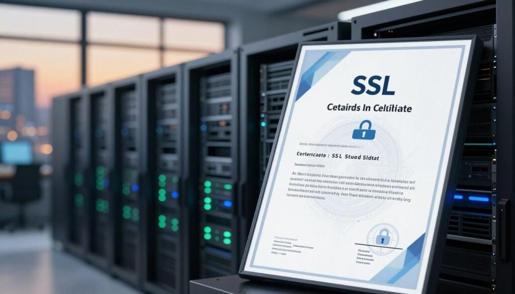 A visually striking representation of an SSL certificate, prominently displayed in the foreground, showcasing its digital aspects with intricate details like a padlock icon and cryptographic elements. In the middle ground, a modern server room filled with sleek racks of servers, illuminated by soft blue and green LED lights, emphasizing advanced technology and security. The background features a blurred cityscape at dusk, symbolizing the cloud infrastructure and connectivity that SSL provides, with a warm, inviting glow from office windows. The atmosphere conveys professionalism and trust, designed to elicit a sense of security and reliability. Soft focus lighting enhances the subject, with a slight depth of field to bring attention to the SSL certificate while gently blurring the background. A visually striking representation of an SSL certificate, prominently displayed in the foreground, showcasing its digital aspects with intricate details like a padlock icon and cryptographic elements. In the middle ground, a modern server room filled with sleek racks of servers, illuminated by soft blue and green LED lights, emphasizing advanced technology and security. The background features a blurred cityscape at dusk, symbolizing the cloud infrastructure and connectivity that SSL provides, with a warm, inviting glow from office windows. The atmosphere conveys professionalism and trust, designed to elicit a sense of security and reliability. Soft focus lighting enhances the subject, with a slight depth of field to bring attention to the SSL certificate while gently blurring the background.