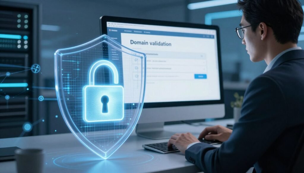 A visually striking representation of domain validation in the context of SSL certificates. In the foreground, a transparent digital shield symbolizes protection, intricately displaying a glowing padlock icon. The middle ground features a modern computer workstation with a professional individual wearing business attire, focused on a screen displaying a verification checklist alongside a domain name. The background contains abstract digital network patterns and servers, bathed in a soft bluish glow to evoke a sense of security and technology. Soft lighting highlights the screen while maintaining a professional atmosphere, creating a balance between clarity and sophistication. The angle is slightly elevated, offering a captivating view of both the workstation and the shield, inviting viewers into a secure digital realm. A visually striking representation of domain validation in the context of SSL certificates. In the foreground, a transparent digital shield symbolizes protection, intricately displaying a glowing padlock icon. The middle ground features a modern computer workstation with a professional individual wearing business attire, focused on a screen displaying a verification checklist alongside a domain name. The background contains abstract digital network patterns and servers, bathed in a soft bluish glow to evoke a sense of security and technology. Soft lighting highlights the screen while maintaining a professional atmosphere, creating a balance between clarity and sophistication. The angle is slightly elevated, offering a captivating view of both the workstation and the shield, inviting viewers into a secure digital realm.