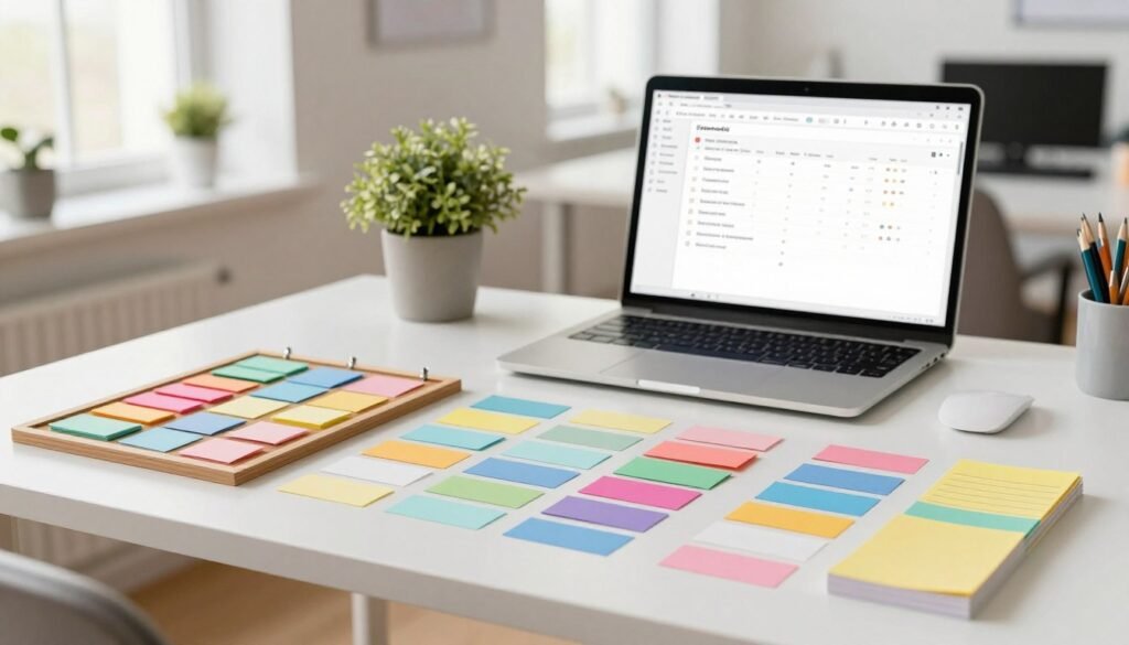 A visually striking workspace scene showcasing colorful labels organized neatly on a stylish, modern desk. In the foreground, an array of labels in various shapes and hues is spread out, some pinned on a corkboard, while others are arranged in organized stacks. In the middle ground, a sleek laptop displays a Todoist interface, featuring clearly marked labels, filters, and priority levels, indicating a well-structured task management system. The background includes a bright, airy office with large windows allowing natural light to flood the space, creating a warm and inviting atmosphere. Soft focus on office plants adds a touch of greenery, enhancing the overall mood of productivity and organization. The image captures the essence of effortless work organization without complicating the approach, emphasizing clarity and simplicity. A visually striking workspace scene showcasing colorful labels organized neatly on a stylish, modern desk. In the foreground, an array of labels in various shapes and hues is spread out, some pinned on a corkboard, while others are arranged in organized stacks. In the middle ground, a sleek laptop displays a Todoist interface, featuring clearly marked labels, filters, and priority levels, indicating a well-structured task management system. The background includes a bright, airy office with large windows allowing natural light to flood the space, creating a warm and inviting atmosphere. Soft focus on office plants adds a touch of greenery, enhancing the overall mood of productivity and organization. The image captures the essence of effortless work organization without complicating the approach, emphasizing clarity and simplicity.
