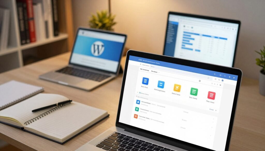 A well-organized workspace featuring essential website management tools. In the foreground, a detailed cPanel interface displayed on a modern computer screen, with colorful icons representing different functions like file management, database access, and domain settings. In the middle ground, a desk cluttered with tools such as a notebook, a tablet with WordPress open, and a reliable laptop showcasing website analytics. The background includes a softly lit office space with shelves of reference books on web design and development, creating a professional atmosphere. The lighting is warm and inviting, emphasizing productivity and ease of use, captured with a slight overhead angle for depth. A well-organized workspace featuring essential website management tools. In the foreground, a detailed cPanel interface displayed on a modern computer screen, with colorful icons representing different functions like file management, database access, and domain settings. In the middle ground, a desk cluttered with tools such as a notebook, a tablet with WordPress open, and a reliable laptop showcasing website analytics. The background includes a softly lit office space with shelves of reference books on web design and development, creating a professional atmosphere. The lighting is warm and inviting, emphasizing productivity and ease of use, captured with a slight overhead angle for depth.