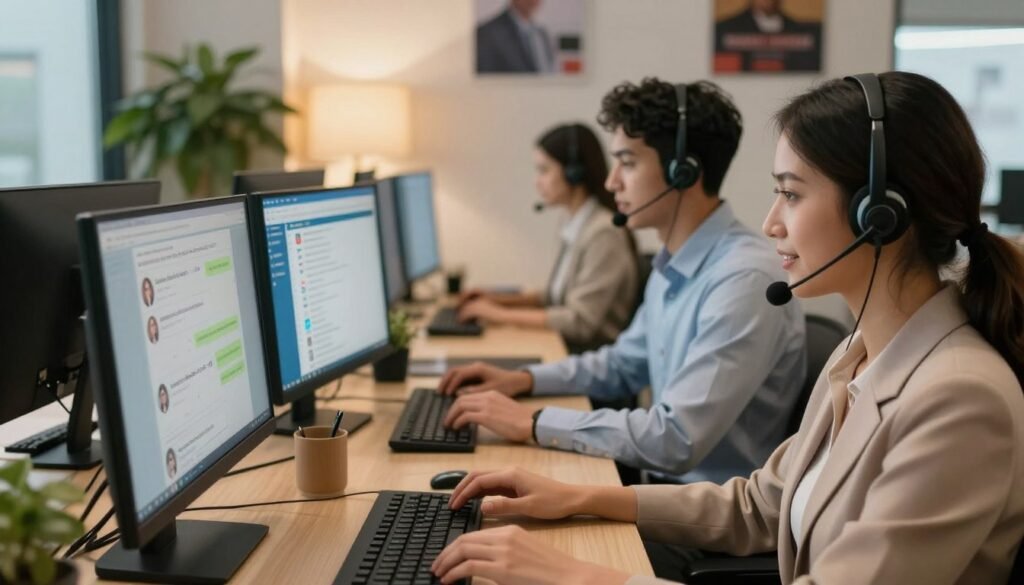 A busy customer support scene showcasing a professional team engaged in live chat assistance. In the foreground, two support agents, a diverse male and female, are intensely focused on their computer screens, dressed in smart business attire, with headsets on. The middle ground features overlapping screens displaying chat interactions and a customer interface, while a warm, inviting atmosphere is highlighted by soft lighting. In the background, a modern office environment with green plants and motivational posters conveys a sense of teamwork and efficiency. The overall mood is friendly and professional, emphasizing customer service excellence in the digital age. A busy customer support scene showcasing a professional team engaged in live chat assistance. In the foreground, two support agents, a diverse male and female, are intensely focused on their computer screens, dressed in smart business attire, with headsets on. The middle ground features overlapping screens displaying chat interactions and a customer interface, while a warm, inviting atmosphere is highlighted by soft lighting. In the background, a modern office environment with green plants and motivational posters conveys a sense of teamwork and efficiency. The overall mood is friendly and professional, emphasizing customer service excellence in the digital age.