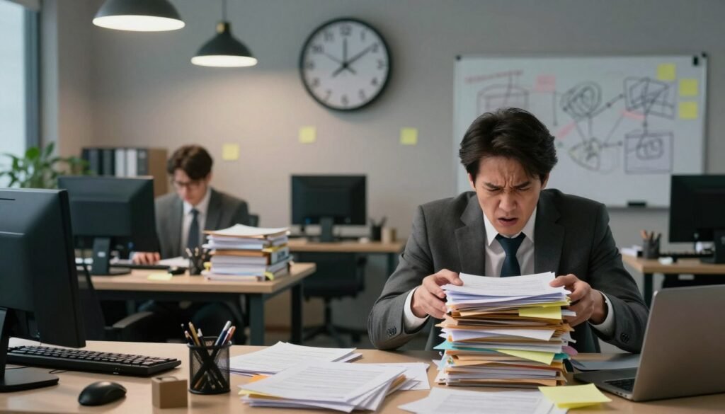 A chaotic office environment depicting organizational turmoil in customer relationship management. In the foreground, an overwhelmed professional in business attire is sorting through a stack of tangled files and disorganized paperwork, showing frustration. The middle layer features cluttered desks, scattered notes, and a whiteboard filled with chaotic diagrams. In the background, a large clock ticks visibly, evoking a sense of urgency. Soft overhead lighting casts dramatic shadows, enhancing the mood of confusion and disarray. The overall atmosphere conveys a struggle against inefficiency and a desperate need for structure and organization. Focus on realistic details: tired expressions, cluttered surfaces, and a sense of haste in the air. A chaotic office environment depicting organizational turmoil in customer relationship management. In the foreground, an overwhelmed professional in business attire is sorting through a stack of tangled files and disorganized paperwork, showing frustration. The middle layer features cluttered desks, scattered notes, and a whiteboard filled with chaotic diagrams. In the background, a large clock ticks visibly, evoking a sense of urgency. Soft overhead lighting casts dramatic shadows, enhancing the mood of confusion and disarray. The overall atmosphere conveys a struggle against inefficiency and a desperate need for structure and organization. Focus on realistic details: tired expressions, cluttered surfaces, and a sense of haste in the air.