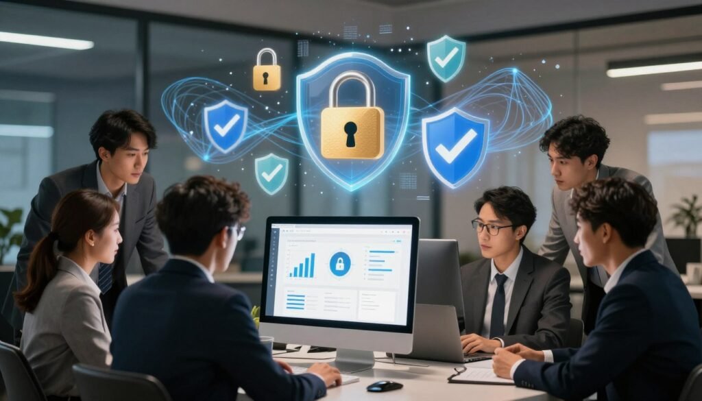 A conceptual illustration that depicts website builder support and security features. In the foreground, a diverse group of professionals in business attire are gathered around a sleek, modern computer with data graphs and security icons displayed on the screen, symbolizing robust support and security systems. In the middle layer, visual representations of security elements, such as locks, shields, and checkmarks, float seamlessly to convey protection and reliability. The background showcases a digital landscape with flowing lines and abstract shapes that represent the interconnectedness of technology and web solutions. Soft, warm lighting creates a professional atmosphere, highlighting the seriousness of support and security in website building. Use a clear angle that emphasizes collaboration and innovation. A conceptual illustration that depicts website builder support and security features. In the foreground, a diverse group of professionals in business attire are gathered around a sleek, modern computer with data graphs and security icons displayed on the screen, symbolizing robust support and security systems. In the middle layer, visual representations of security elements, such as locks, shields, and checkmarks, float seamlessly to convey protection and reliability. The background showcases a digital landscape with flowing lines and abstract shapes that represent the interconnectedness of technology and web solutions. Soft, warm lighting creates a professional atmosphere, highlighting the seriousness of support and security in website building. Use a clear angle that emphasizes collaboration and innovation.