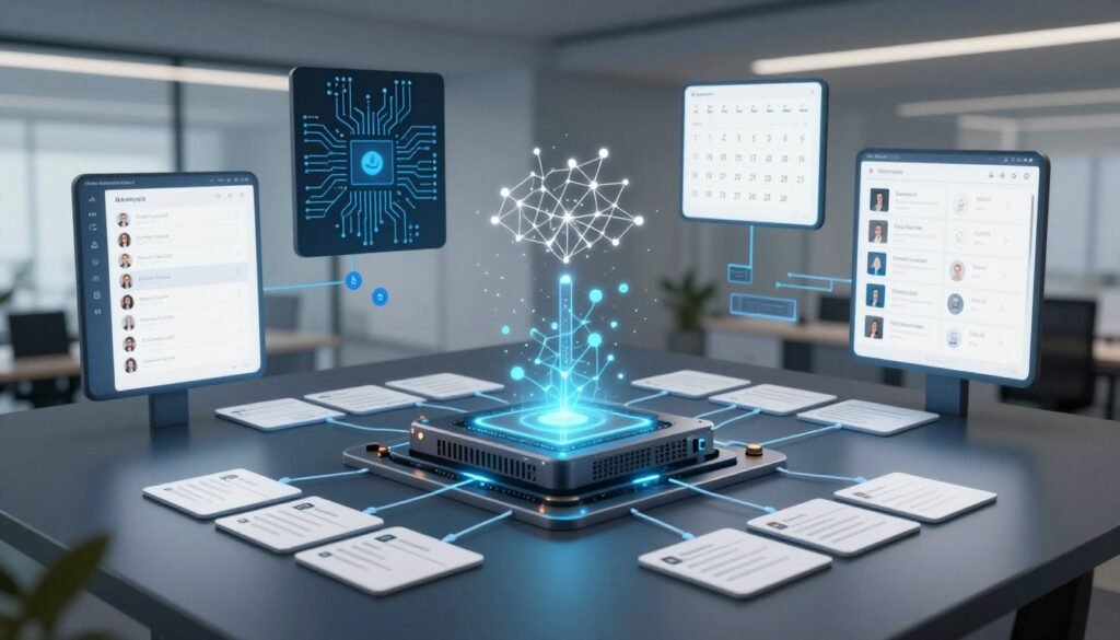 A detailed and intricate diagram of an intelligent scheduling engine, showcasing various interconnected components like algorithms, user interfaces, and calendar integrations. In the foreground, illustrate a central processing unit with glowing nodes representing data points and task priorities, surrounded by flowcharts that depict the scheduling workflow. The middle section should feature abstract representations of AI and machine learning elements, portrayed through circuit-like patterns and neural network designs. In the background, a sleek and modern office environment with soft lighting to create a professional atmosphere. Use a dynamic perspective, focusing on clarity and precision, while ensuring a cohesive and harmonious design that conveys innovation and productivity. A detailed and intricate diagram of an intelligent scheduling engine, showcasing various interconnected components like algorithms, user interfaces, and calendar integrations. In the foreground, illustrate a central processing unit with glowing nodes representing data points and task priorities, surrounded by flowcharts that depict the scheduling workflow. The middle section should feature abstract representations of AI and machine learning elements, portrayed through circuit-like patterns and neural network designs. In the background, a sleek and modern office environment with soft lighting to create a professional atmosphere. Use a dynamic perspective, focusing on clarity and precision, while ensuring a cohesive and harmonious design that conveys innovation and productivity.
