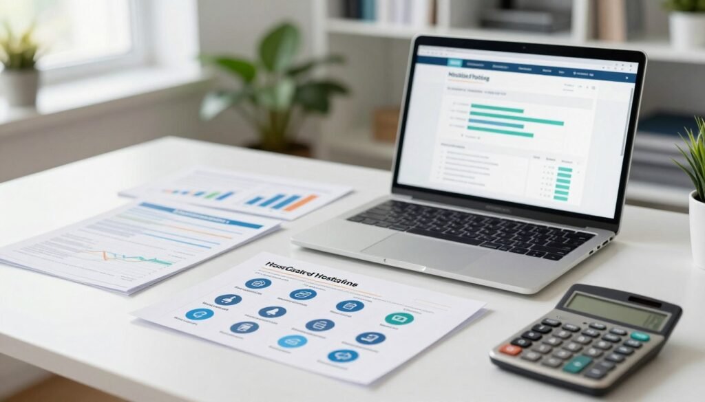 A detailed flat lay of a professional workspace featuring a modern laptop displaying web hosting pricing analysis charts and graphs. In the foreground, various financial documents and a calculator spread across a clean desk. In the middle, an analytical report illustrating the true cost of HostGator's hosting plans, with icons of various features like bandwidth, storage, and customer support visible. The background softly blurs out office elements like plants and bookshelves for depth. The lighting is bright and natural, coming from a window, creating an inviting atmosphere. The overall mood is informative and focused, ideal for a business article. The color palette should emphasize blues and greens for a tech-savvy feel. A detailed flat lay of a professional workspace featuring a modern laptop displaying web hosting pricing analysis charts and graphs. In the foreground, various financial documents and a calculator spread across a clean desk. In the middle, an analytical report illustrating the true cost of HostGator's hosting plans, with icons of various features like bandwidth, storage, and customer support visible. The background softly blurs out office elements like plants and bookshelves for depth. The lighting is bright and natural, coming from a window, creating an inviting atmosphere. The overall mood is informative and focused, ideal for a business article. The color palette should emphasize blues and greens for a tech-savvy feel.