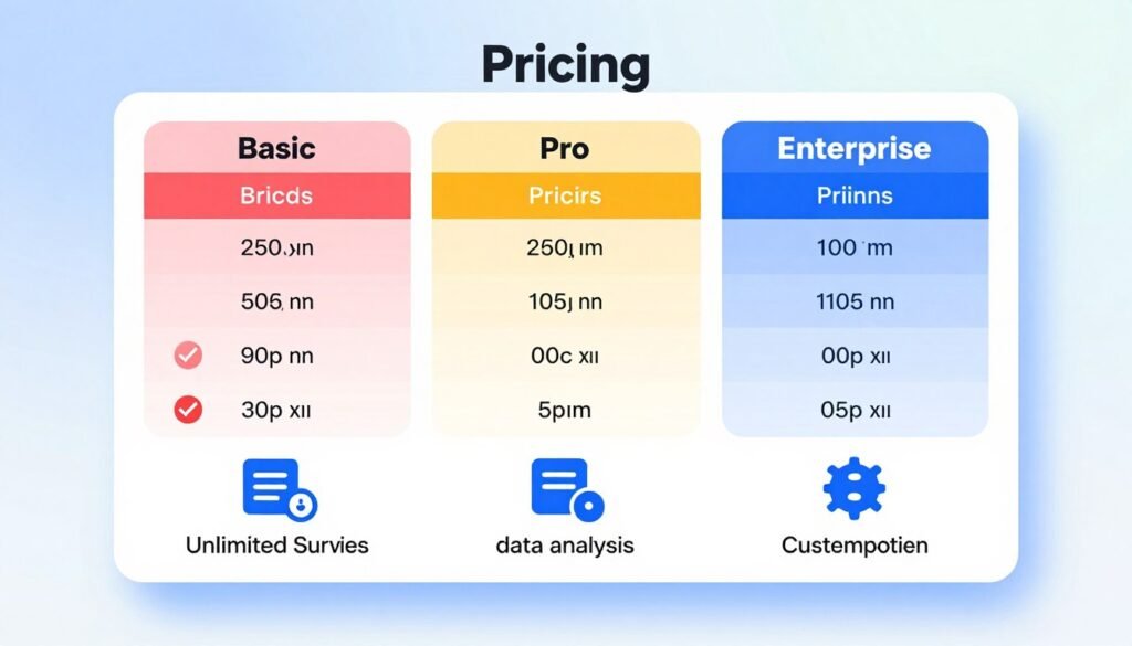 A detailed illustration of a survey platform pricing plans comparison, prominently featuring three distinct pricing tiers labeled as Basic, Pro, and Enterprise. In the foreground, showcase visually appealing icons representing features like unlimited surveys, data analysis, and customer support. The middle ground should present a sleek, modern-looking table layout that organizes these plans, with vibrant colors to distinguish each tier, accentuated with relevant symbols (like a checkmark for featured options). The background consists of a soft gradient that transitions from light blue to white, exuding a professional yet inviting atmosphere. Use soft, even lighting to illuminate the image, creating a clean and polished look, evoking clarity and organization, suitable for a business context. Ensure no text or logos are included. A detailed illustration of a survey platform pricing plans comparison, prominently featuring three distinct pricing tiers labeled as Basic, Pro, and Enterprise. In the foreground, showcase visually appealing icons representing features like unlimited surveys, data analysis, and customer support. The middle ground should present a sleek, modern-looking table layout that organizes these plans, with vibrant colors to distinguish each tier, accentuated with relevant symbols (like a checkmark for featured options). The background consists of a soft gradient that transitions from light blue to white, exuding a professional yet inviting atmosphere. Use soft, even lighting to illuminate the image, creating a clean and polished look, evoking clarity and organization, suitable for a business context. Ensure no text or logos are included.